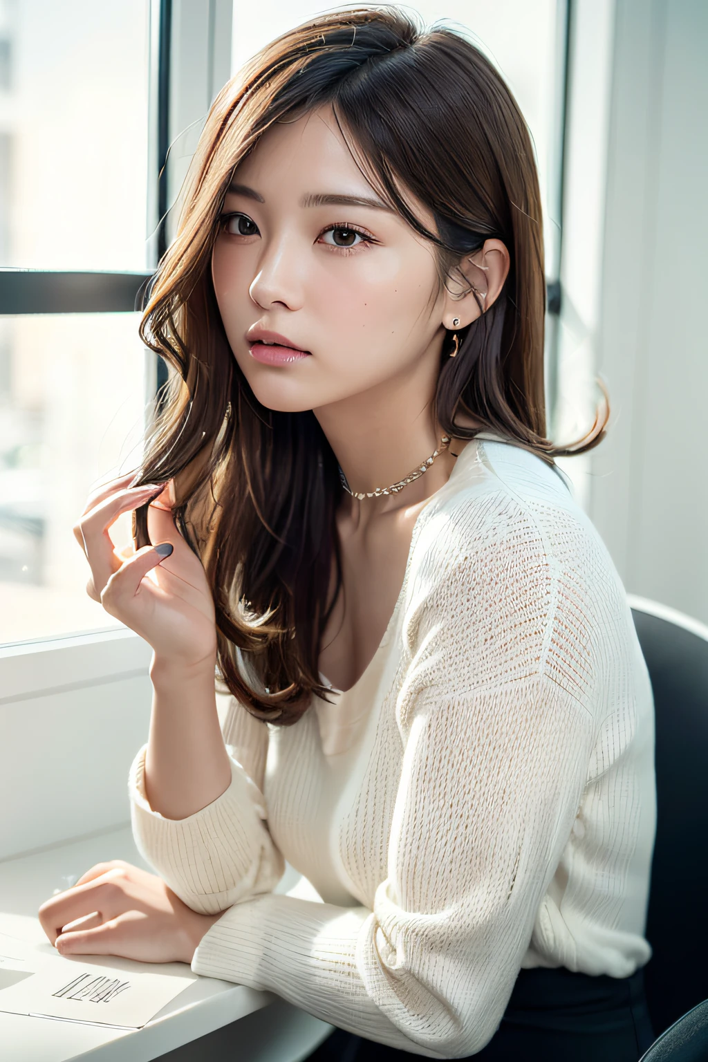 A Classy and Cute girl, {wearing a classy (white) knit sweater}, {(black) (long) ruffled skirt}, close the button, (wearing an employee ID card around the neck),
Detailed eyes, symmetric eyes, Light Brown eyes, Double eyelids, Thin eyebrows, Glossy lips, (serious expression),
medium large breasts, (slender figure:1.1), firm abs, beautiful clavicle,
(Dark blonde hair, wavy hair, long hair), (asymmetrical bangs), (((looking away:1.3))), (Focus on profile1.2)
BREAK,
Sitting and working with PC inside the office desk, (neat and tidy desk),
in the stylish office at night, ((Full body shot:1.2)), (from side),
BREAK,
(masterpiece:1.3), realistic, photo-realistic, RAW photo, beautiful detailed face, pale skin, realistic glistening skin, detailed cloth texture, detailed hair texture, Perfect body, Beautiful Face, accurate, Anatomically correct, Highly detailed face and skin texture, natural neck length, (beautiful hands), (fair skin:1.2), Thin legs, Thin feet,