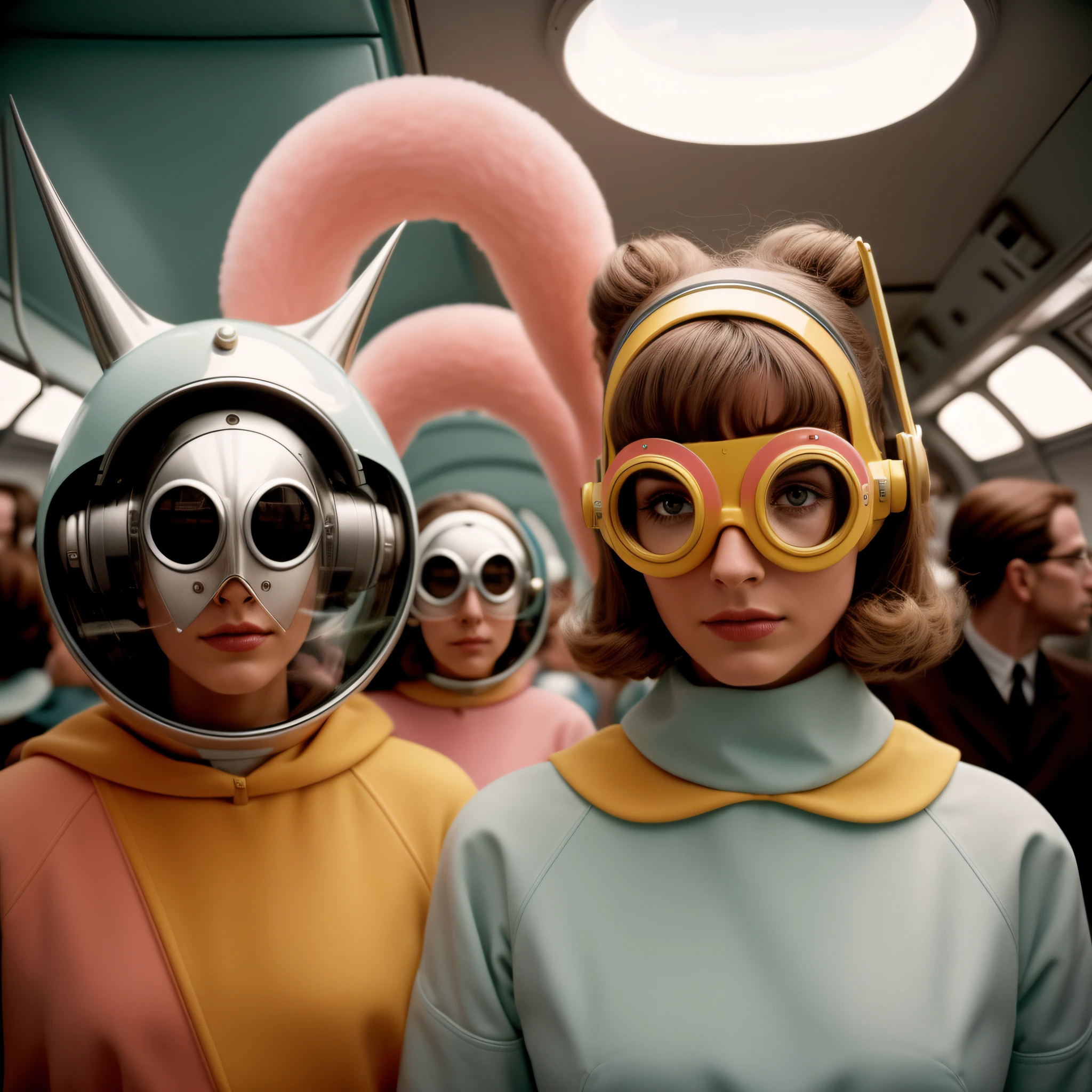4k portrait of 1960s science fiction by Wes Anderson, Vogue anos 1960, pastels colors, Man with a fish mask wearing weird retro futuristic outfits and a woman wearing glass helmet and techno ornaments on the bus, Luz Natural, Psicodelia, futurista estranho, fotorrealista, hiper detalhado, foco nítido, Intrinsic, mid closeup, rosto e olhos perfeitos, grain of film, cinemactic, Bokeh lento | | |, Epic composition, natural lightting, fotografia, Hiper realista, double-exposure, desfocado, desfoque de movimento, Absurdo, alto, alta qualidade, melhor qualidade, obra-prima, intrincado,