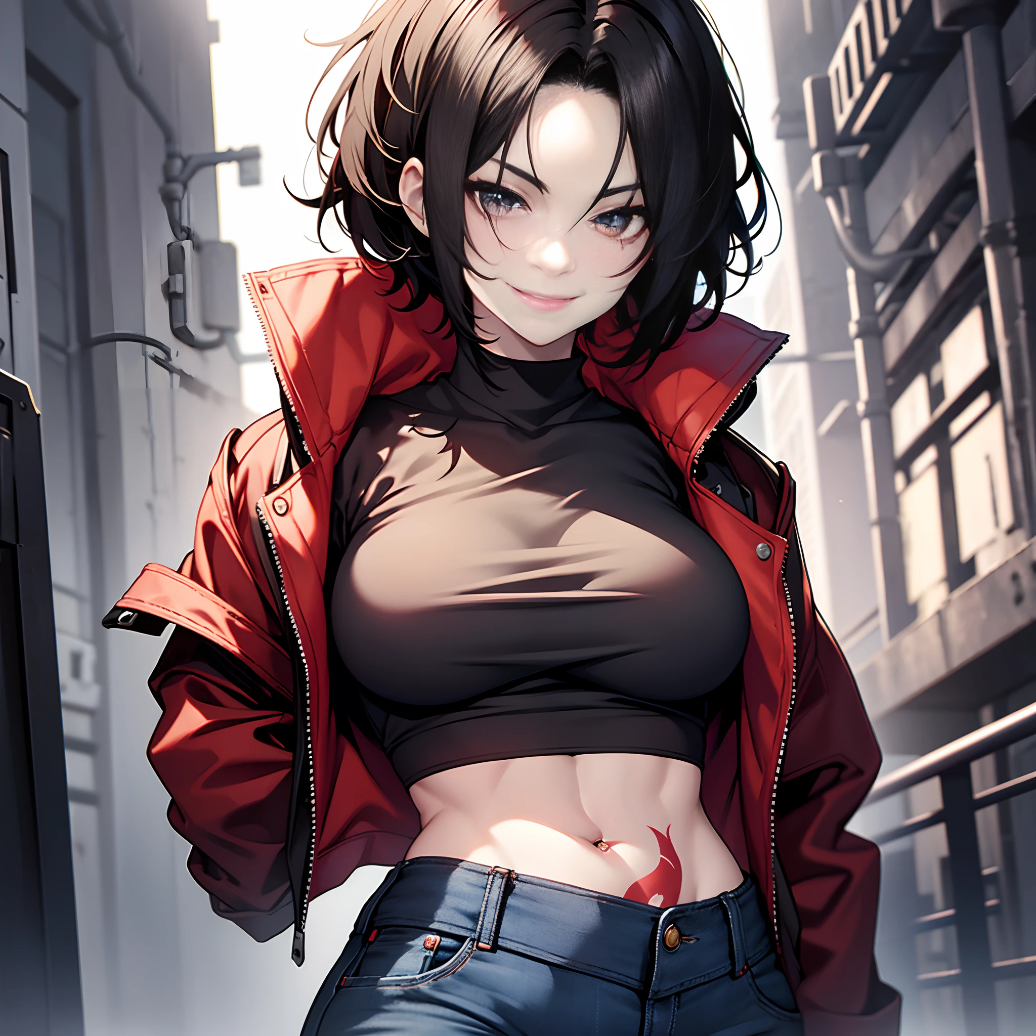 (1 woman), (solo), mature, deep black hair, wavy hair, short hair, pale skin, black cropped shirt, red jacket, muscle body, medium boobs, tattoos, deep blue jeans, cocky smile, face scars