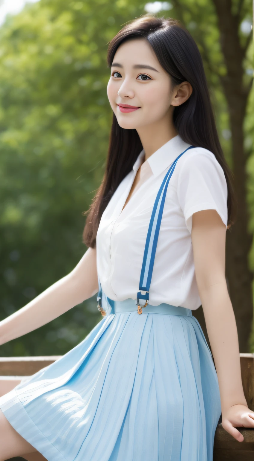 A beautiful and cute girl, full body photograph, extremely beautiful and delicate, Black hair, sweet smile, delicate beautiful fair skin, realistic and realistic, Exquisite and perfect facial features, detailed facial portrayal, high nose bridge, flowing silky hair, extremely delicate hair, Soft temperament, face light, Tall, thin, Real, Hyper Real, full-body lens, Front tilt angle, ultimate picture quality, highest precision, accurate and perfect human body structure. The blue sky and white clouds, Sitting in the woods, The blue sky and white clouds, sunlights, (suspenders, Long Skirt) The panties are clearly visible, hot pants, Ginari, two
