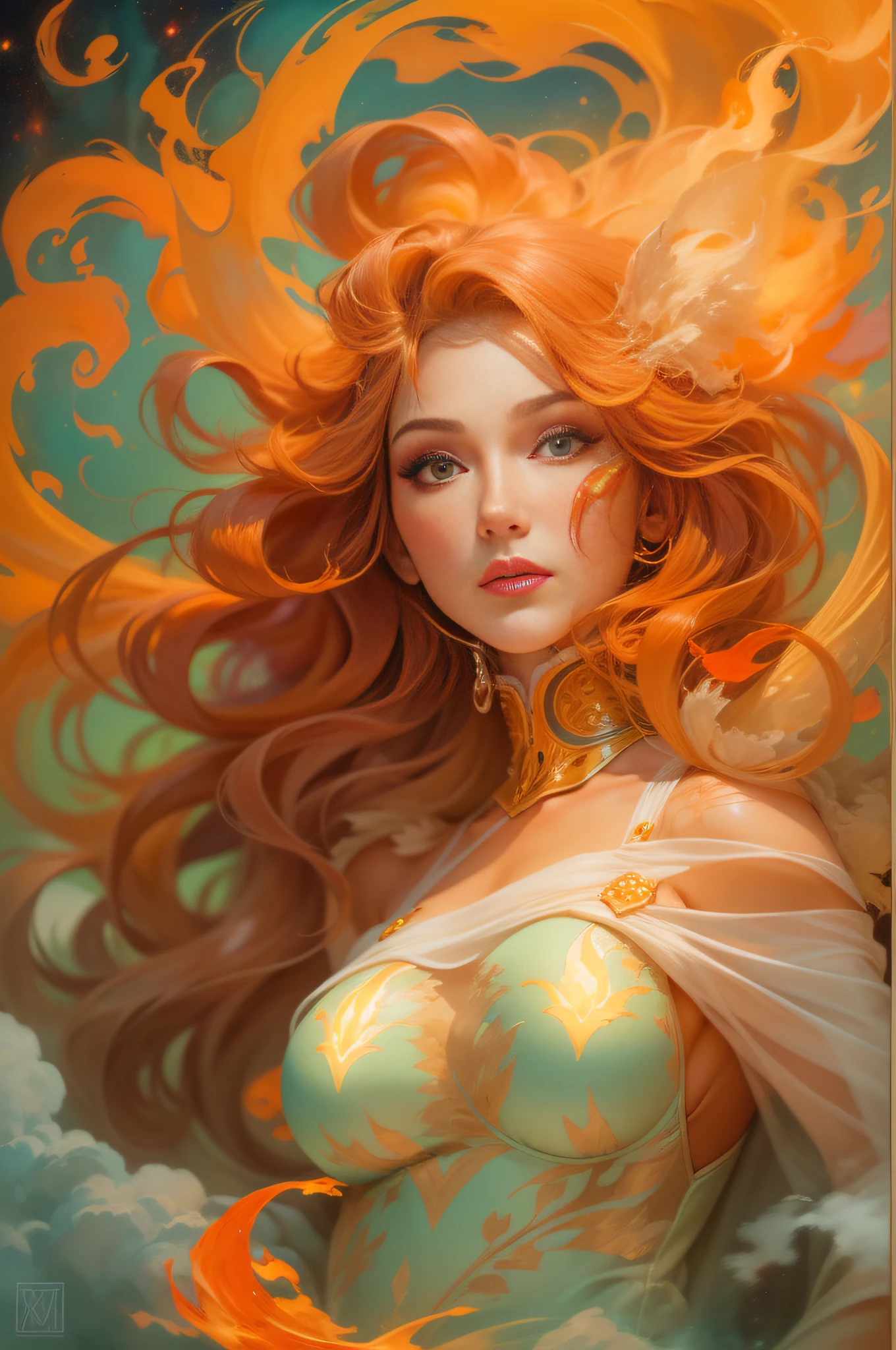 Gorgeous goddess of fire, (Float on fiery orange clouds); Perfect hair, perfect full lips, Delicate and perfect body, Her body is flawless, Amazing galactic garden, Background of flames, Floating on the clouds, Highly stylized features; (full bodyesbian), unsplash, Highly detailed, Digital painting, intricately detailed eyes, Colourful, Ink painting, Beautiful watercolor, Realistic, Detailed, fine art, Oil painting, Finely drawn hands; By Artgerm, by Alphonse Mucha, author：Ilya Kuvshinov sty, Paintings by Olga Shvasur, Svetlana Novykova