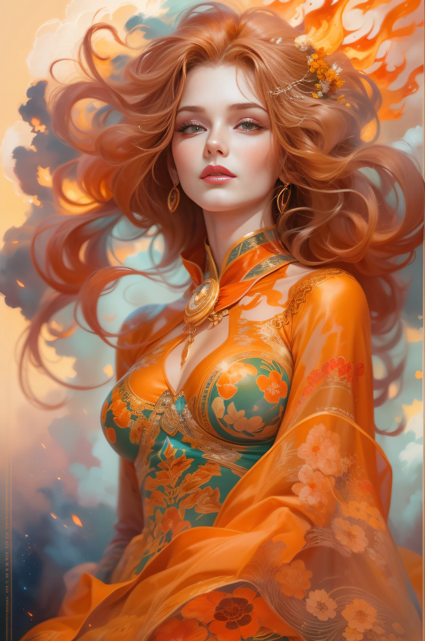 Gorgeous goddess of fire, (Float on fiery orange clouds); Perfect hair, perfect full lips, Delicate and perfect body, Her body is flawless, Amazing galactic garden, Background of flames, Floating on the clouds, Highly stylized features; (full bodyesbian), unsplash, Highly detailed, Digital painting, intricately detailed eyes, Colourful, Ink painting, Beautiful watercolor, Realistic, Detailed, fine art, Oil painting, Finely drawn hands; By Artgerm, by Alphonse Mucha, author:Ilya Kuvshinov sty, Paintings by Olga Shvasur, Svetlana Novykova