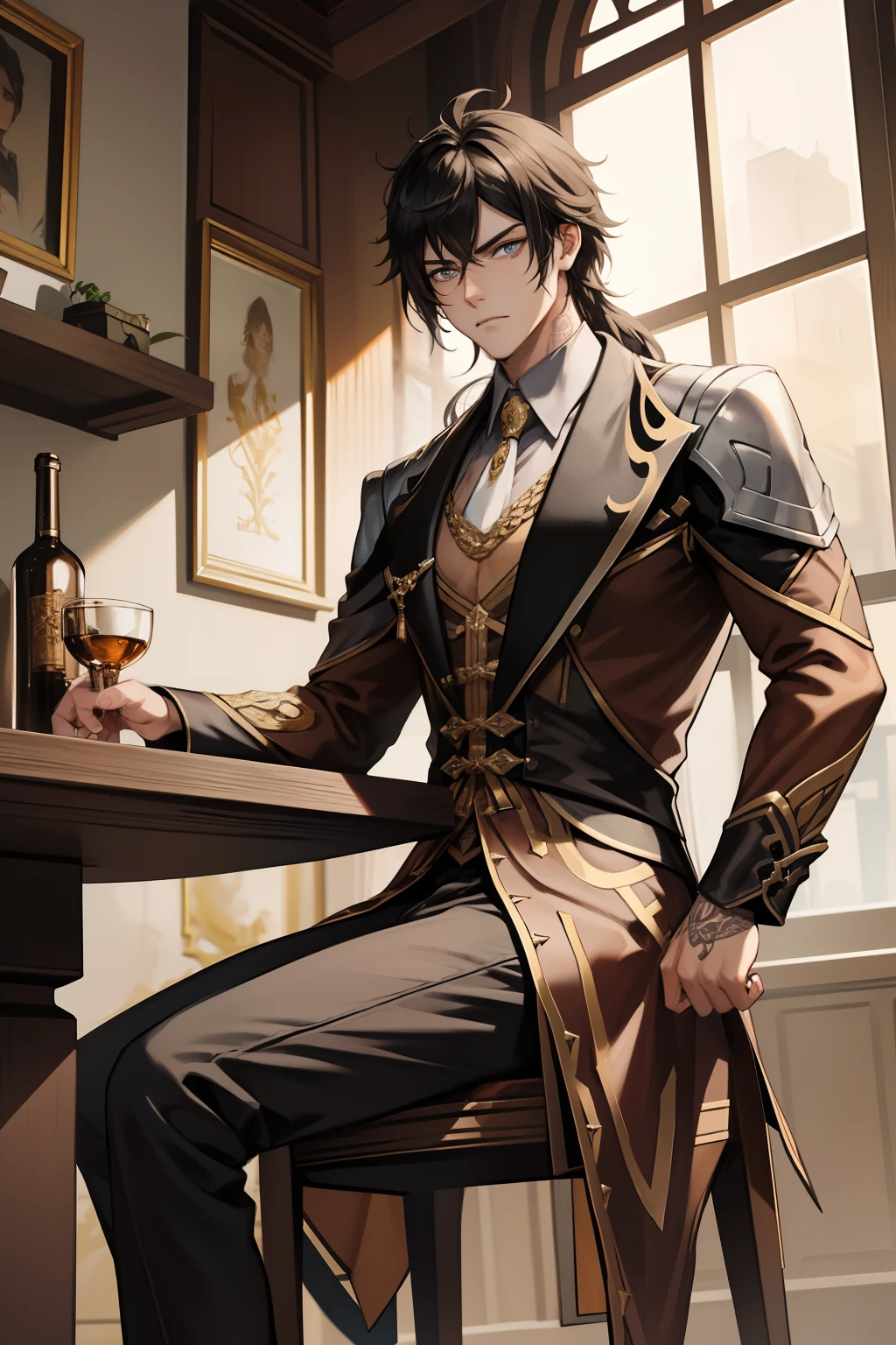 （absurderes，A high resolution，Hyper-detailing，hdr），younge boy，tmasterpiece，best qualtiy，1人，独奏，Handsome，Golden eyes，Fine eyes and detailed face，toppless，Tattooed with，arma，seated on a throne，Indifferent and arrogant，Abs，chest muscle，Raised sexy，Ruffian，Show your temperament，Male，masculine appeal，Male characteristics are distinct，Long messy hair，Arrogant，self-assured，Sitting majestically on the throne，Pondering，Legs crossed，white pantie，supreme，Lazy，Handsome，