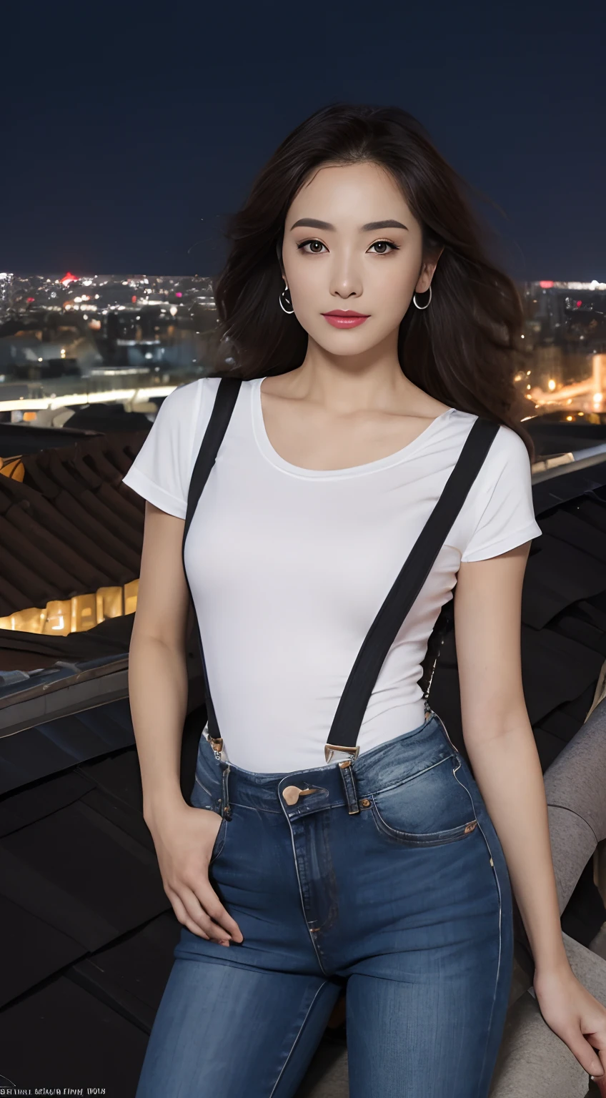 ((midynight, Need, 8K, tmasterpiece:1.3)), full bodyesbian, Long legs, Focalors:1.2, perfect figure beautiful woman:1.4, Slim abs:1.1, ((Dark brown hair, huge tit:1.2 )), (white tight t-shirt, Denim suspenders, standing on your feet:1.2), ((city night scene, the roof:1.3)), Highly detailed facial and skin texture, A detailed eye, 二重まぶた,cleavage