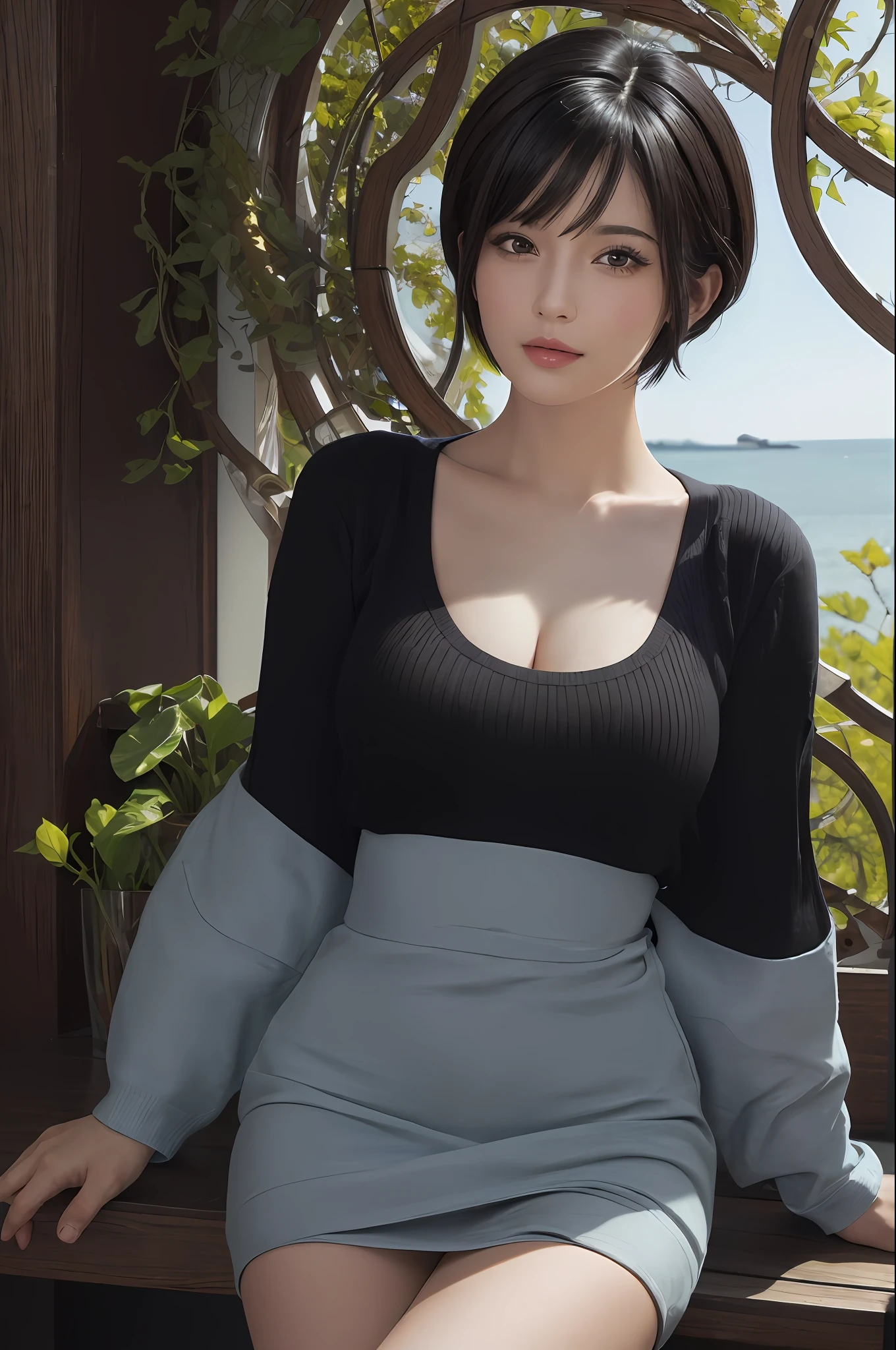 (Masterpiece:1.3), (8K, Photorealistic, RAW photo, Best quality: 1.4), (1girll), Beautiful face, (Realistic face), (Black hair, Short hair:1.3), Nice hairstyle,middlebreast,Big breasts Thin waist,photorealistic eye,Nice detail eyes,(Realistic skin),Beautiful skins,(Sweaters),absurd res,enticing,超高分辨率,Ultra photo realsisim,The is very detailed,the golden ratio