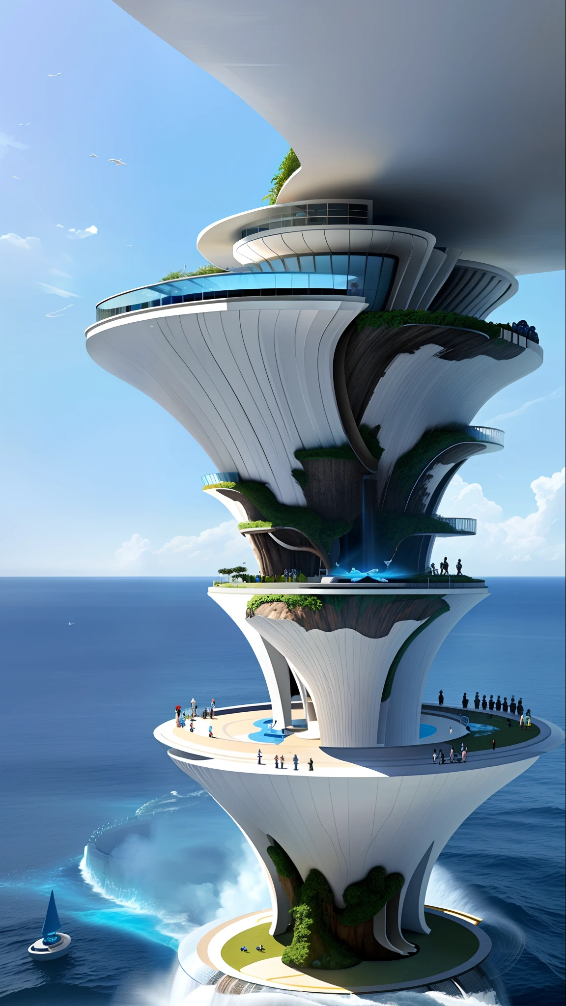 Modern futuristic design Large cliff house，There is an artificial waterfall and a swimming pool in the middle, Nature meets architecture, Built around the blue ocean, Realistic beehive architecture, organic architecture, very close to real nature, breath-taking rendering, I...