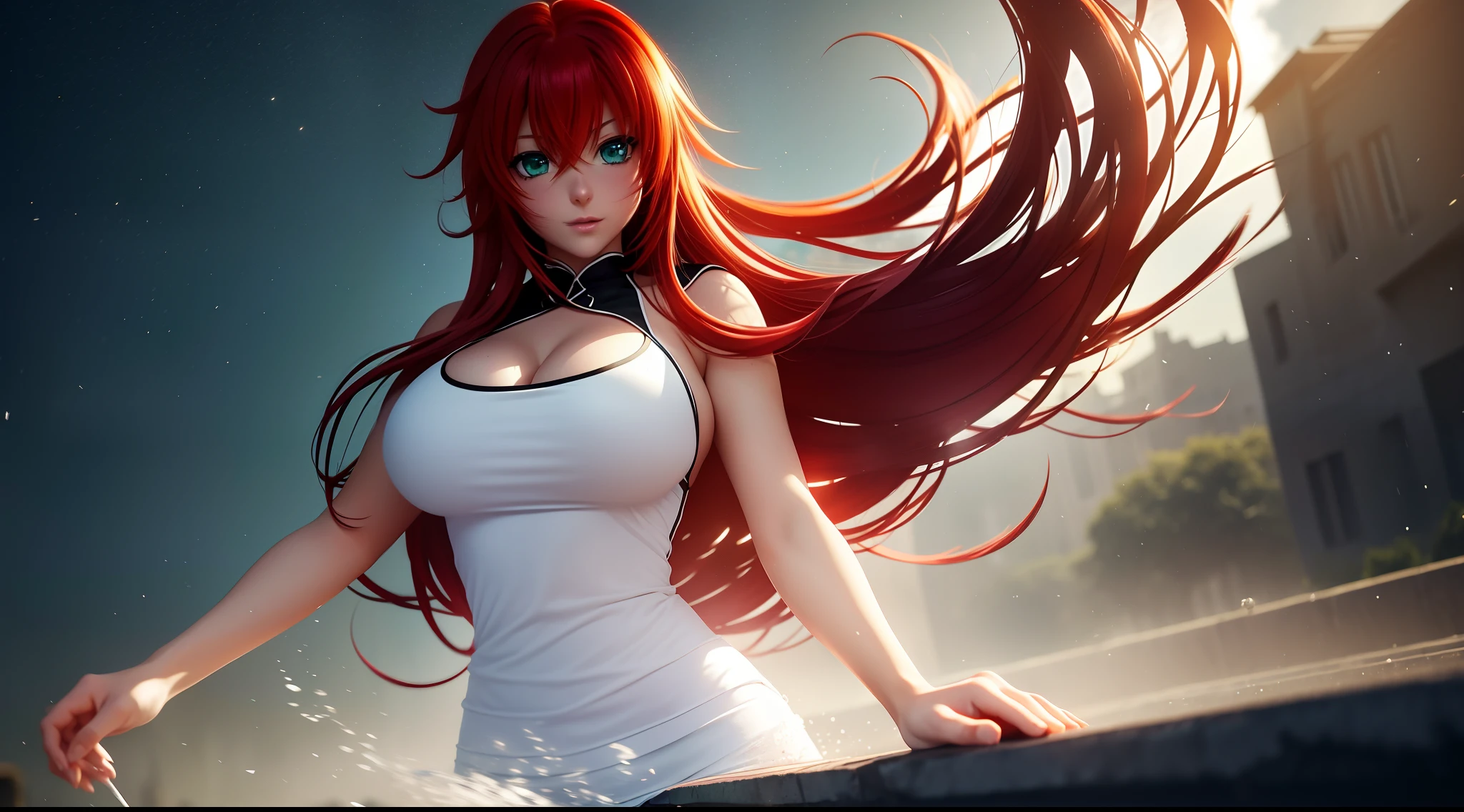 focused upper body, 1 girl, rias gremory, white tank top, black skirt, big breast bust, sparkling green eyes, (((school background))), Colorful beautiful girl: red hair, nice perfect face with soft skinice perfect face, intricate detail, splash screen, 8k resolution, masterpiece, artstation digital painting smooth, 8k resolution photorealistic masterpiece, professional photography, natural lighting, volumetric lighting maximalist photoillustration: by marton bobzert