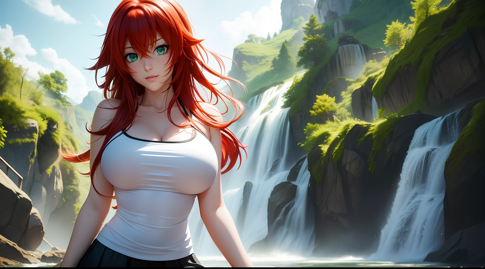 focused upper body, 1 girl, rias gremory, white tank top, black skirt, big breast bust, sparkling green eyes, (((school background))), Colorful beautiful girl: red hair, nice perfect face with soft skinice perfect face, intricate detail, splash screen, 8k resolution, masterpiece, artstation digital painting smooth, 8k resolution photorealistic masterpiece, professional photography, natural lighting, volumetric lighting maximalist photoillustration: by marton bobzert