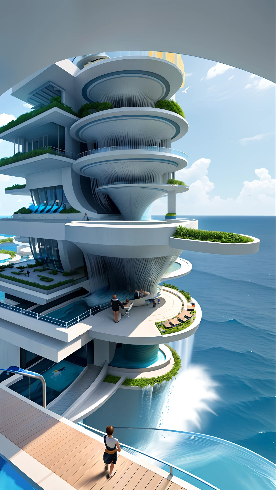 a large white building on top of a cliff next to the ocean, built around ocean, large futuristic residence, floating palace, overlooking the ocean, fantasy architecture, cliffside town, luxury architecture, concept art. 8 k, ocean cliff view, huge futuristic building, surreal sci fi architecture, inspirational architecture, stunning architecture, the village on the cliff, award winning architecture