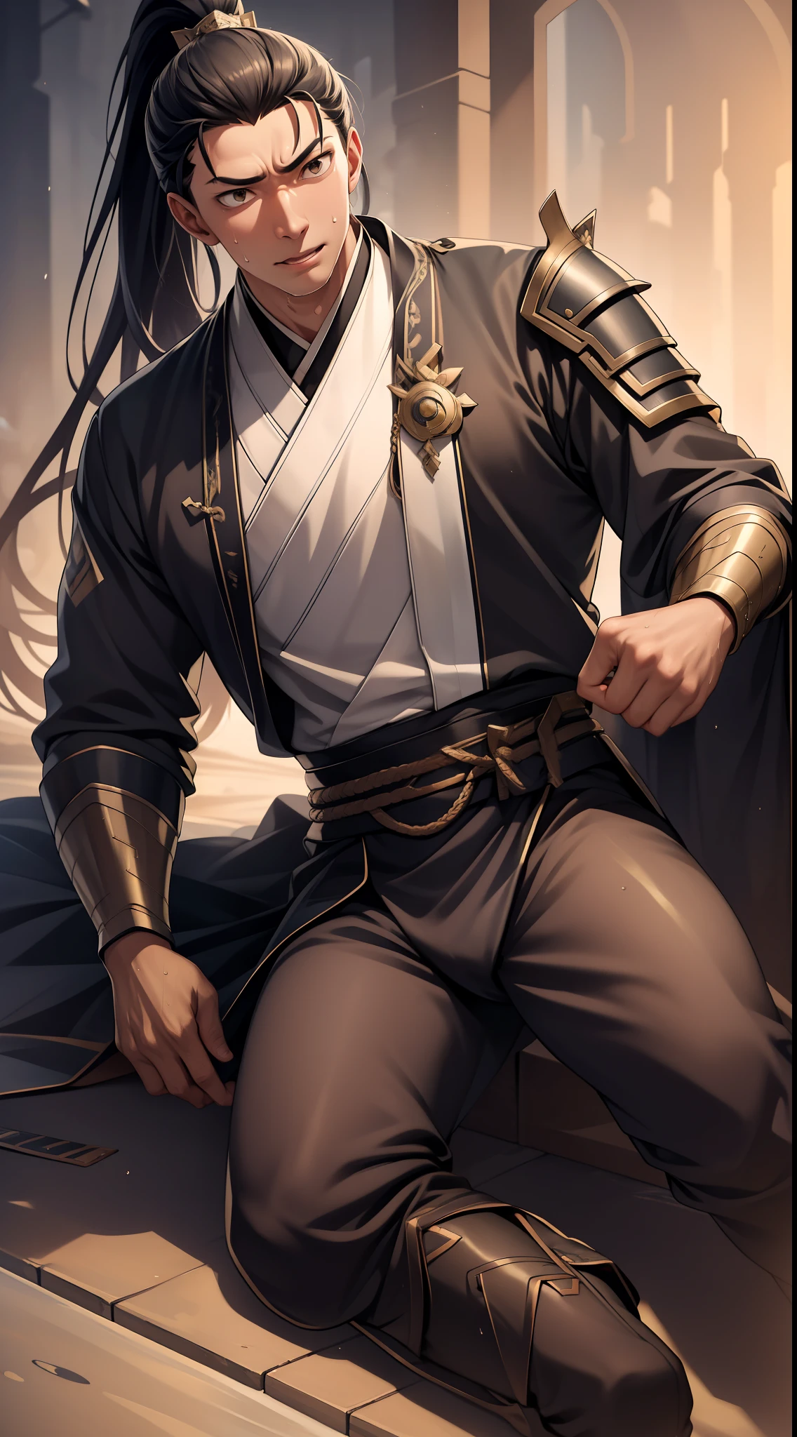 quadratic element,style of anime,1 man(Male Warrior),musculature,The proportions are correct,Face details,swordsmen,High ponytail hairstyle,perspired,Sweat on the face,drools,Neck details,There is an Adam's apple,Get wet,Drenched,Black Hanfu,kaftan,Embroidered robes,Black robe,clothes details,Handing over,longer sleeves,Game quality,Swordsmanship,Light and shadow tracking,Ray traching,detailed glow,cg render,hair detail,cabelos preto e longos,Golden eyes,Sweat on the face,Handsome,Handsome,Beads of sweat slipped down my neck,(juvenile sense),Clothing is complicated,Drenched,Get wet,Perfectcomposition,Refinement,high qulity,higher details,Lots of details,The background is complex,a sense of atmosphere,