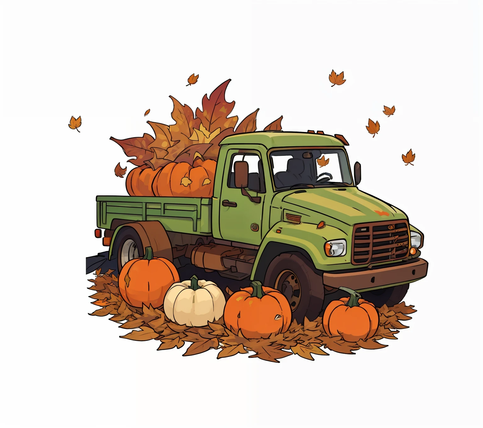 Close-up of the truck,There are pumpkins and leaves on the bed, 🍂 Cute, 🍁 Cute, harvest fall vibrance, 1 6 x 1 6, trucks, fall season, harvest fall vibrance, full color digital illustration, pumpkin patch, 3 2 x 3 2, fall season, ❤🔥🍄🌪, pumpkins, festivity, beautiful high resolution