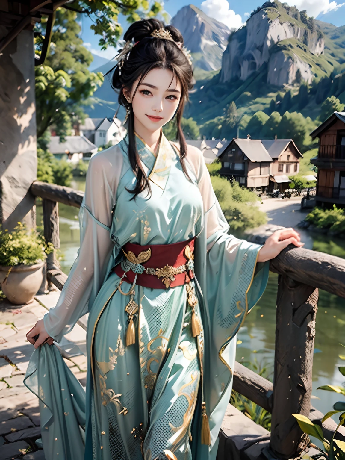 Masterpiece,Best quality,ancien
art,Art officiel,aesthetics,
1fille, (corps entier: 1.2),seulement, Hanfu, posture dynamique,see through fabric, (fleur:1.2),joaillerie,Chinois,long_Les cheveux dans le nuage,White smoke, brumeux,Mont Cyan, light smile,timide, (arm behind back:1.8), fingers behind the back,Regarder le spectateur, elegant,