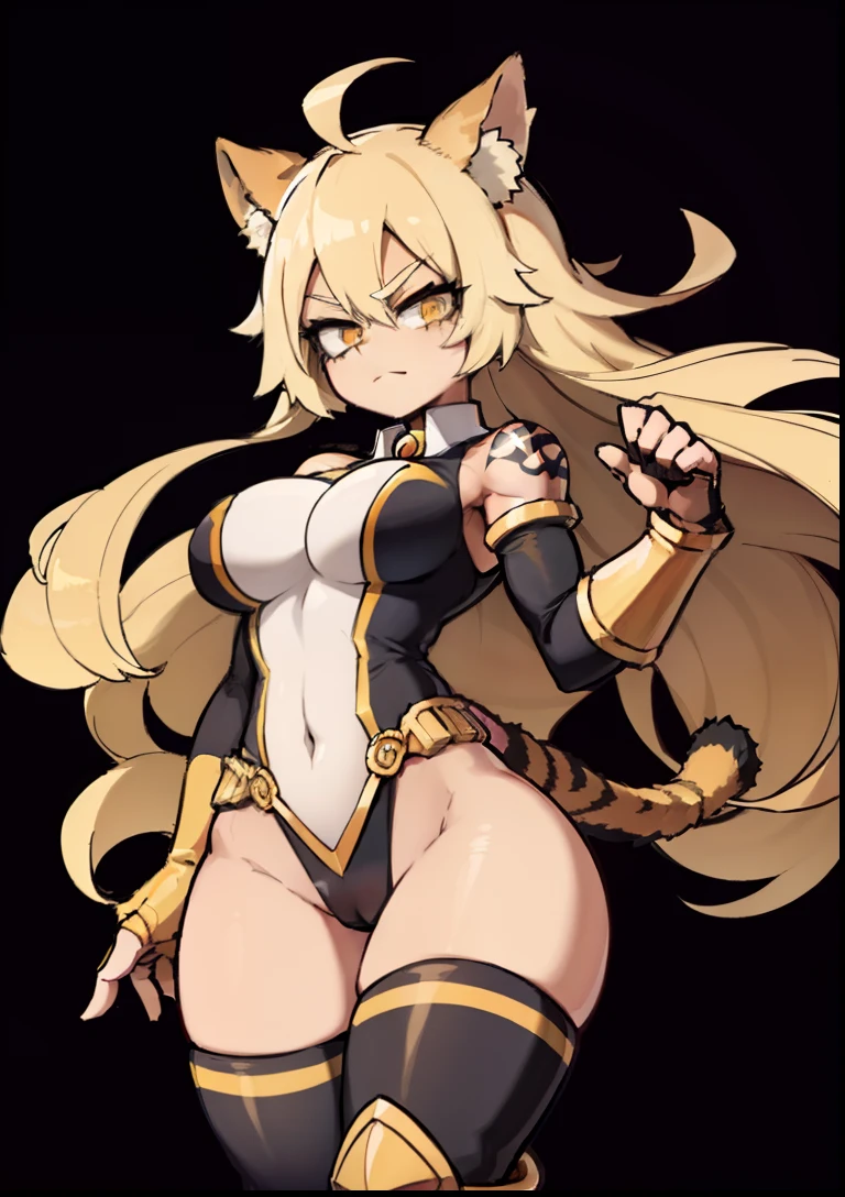 My hero academia style, girl, blonde Girl, long straight hair, anime girl, muscular female, trending on artstation pixiv, (full body shot:0.5), Perfect Anatomy, Super Detailed, brown skin, Dark-skinned female, wide hips, Large breast, wide thighs, tanned complexion, huge breasts, Cheetah Leotard, Cheetah ears, Cheetah tail, Gold Bracers, Gold Shin Guards, Black Knee Pads, Black Elbow Pads, Black Fingerless Gloves, seductive and joyful gaze, not human ears,