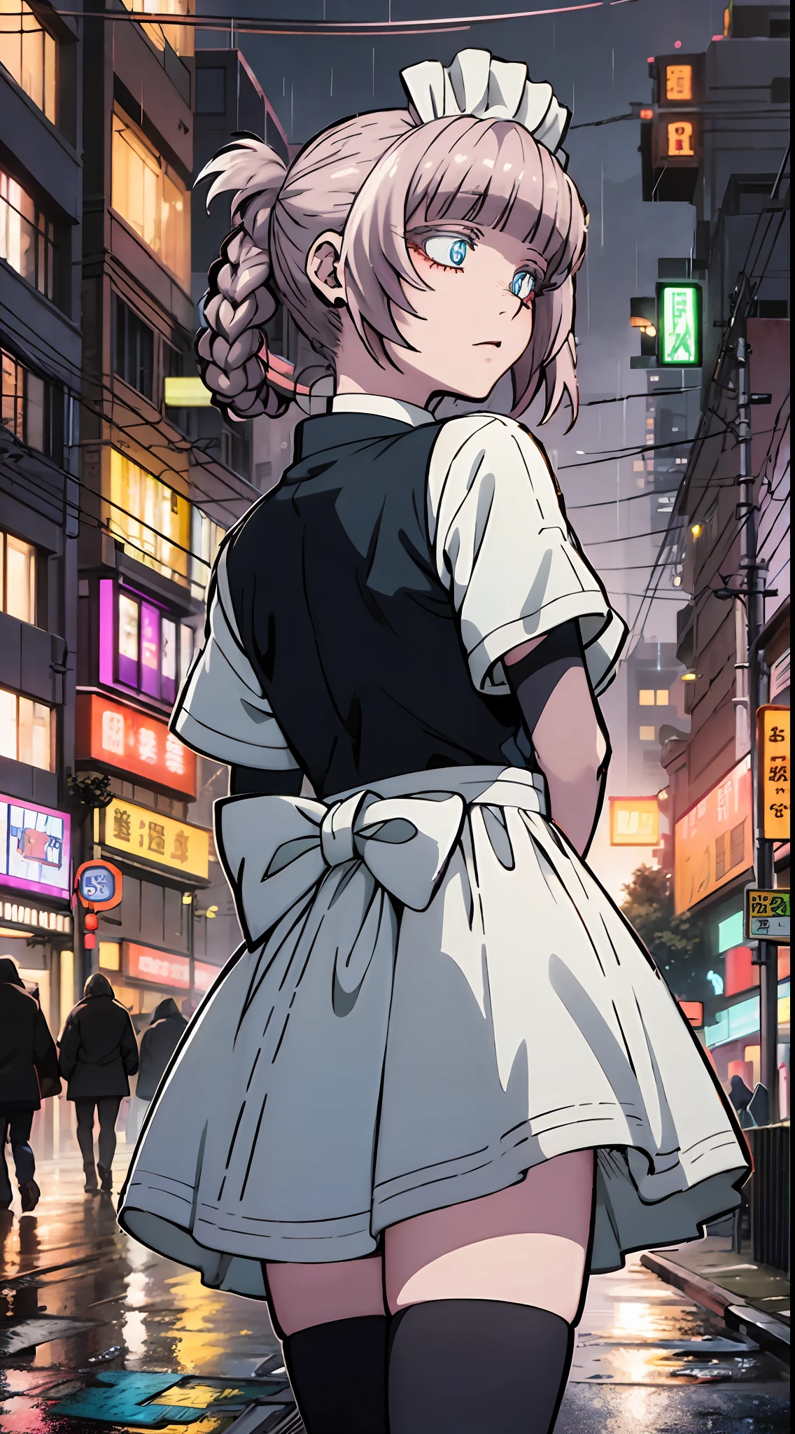 night, colorful cyberpunk city background, rain, street, maid girl, Nazuna Nanakusa,yofukashi no uta, blue eyes, white hair shining eyes, black stockings, backlit, glow, looking up audience, low angle lens, looking up lens, perfect composition, perfect light and shadow delicacy, 8k