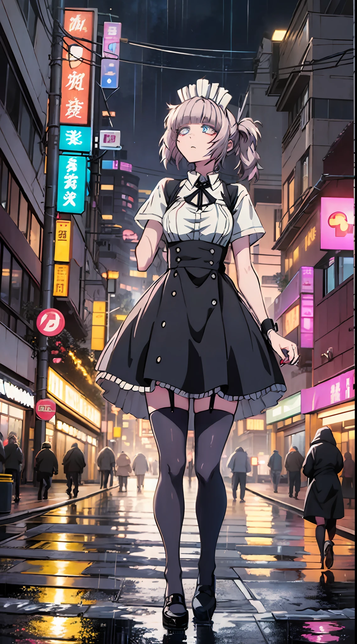 night, colorful cyberpunk city background, rain, street, maid girl, Nazuna Nanakusa,yofukashi no uta, blue eyes, white hair shining eyes, black stockings, backlit, glow, looking up audience, low angle lens, looking up lens, perfect composition, perfect light and shadow delicacy, 8k