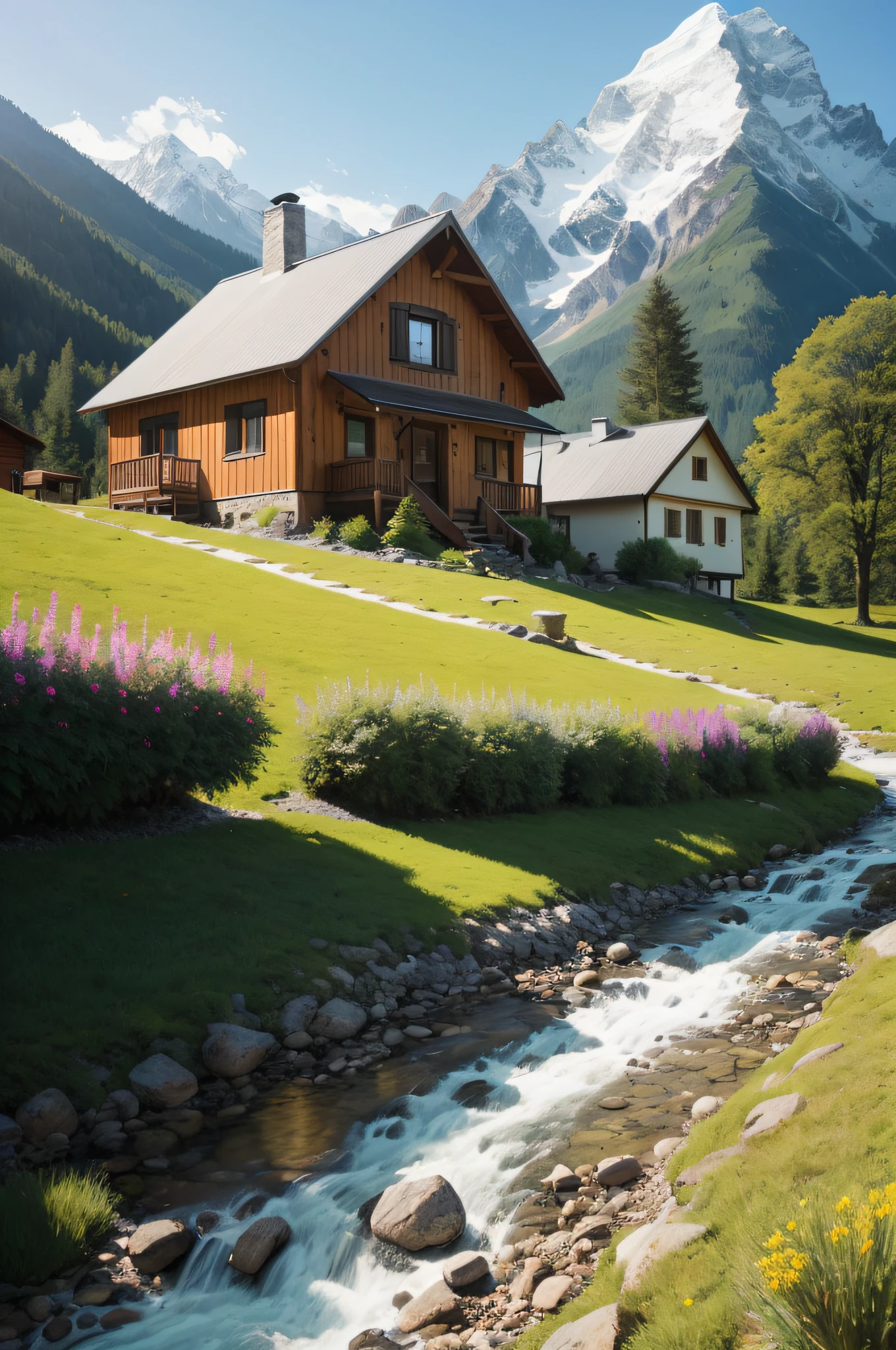 mountain range in background,Houses and streams run through it, stream flowing through the house, The river flows through the hut, idyllic cottage, log cabin beneath the alps, beautiful small town, soothing and cozy landscape, integrated in the mountains, beautiful house on a forest path, Valle encantador, Beautiful setting, Photo taken with Sony A7R, Cottage in the foreground