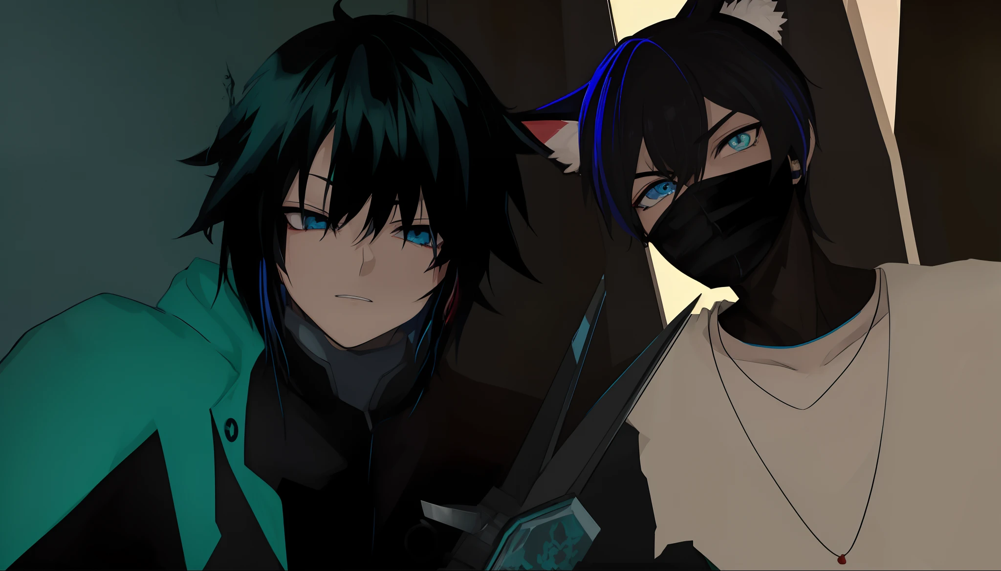 anime characters with black hair and blue eyes and a green hood, 2 d anime style, vrchat, epic anime style, anime moe artstyle, trigger anime artstyle, anime style. 8k, badass anime 8 k, stylized anime, very modern anime style, anime stylized, 2 d anime, anime style 4 k, in anime style, modern anime style