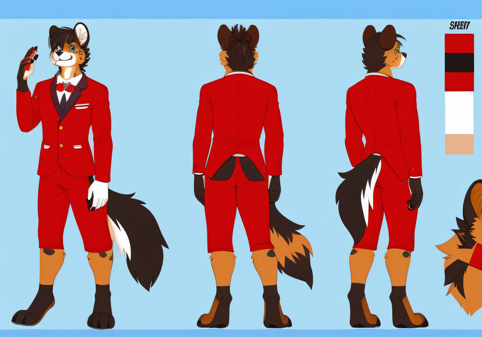 There are two cats in red and white outfits with a blue background, Fursona hyena, reference sheet, generic furry style, fursona commission, furry fursona, fursona!!!!, fursona furry art commission, full body shot hyperdetailed, commission for high res, Character Reference Sheet, fullbody commission for, Open to commissions, hyper-detailing!!, fursona art