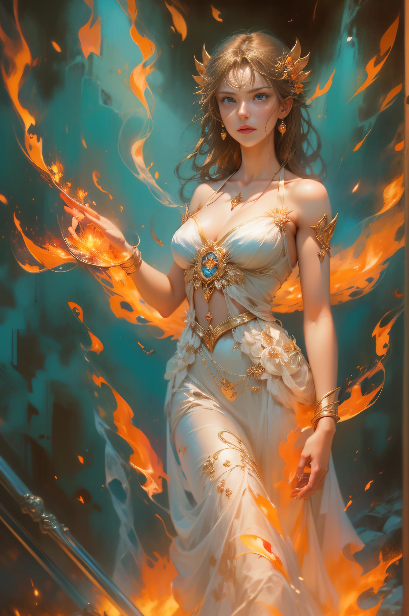 3D, Summer goddess, stunning, surrounded by orange flames, very pale skin, blue eyes, beautiful, alluring, powerful, fire sparks. Style by Steve Hanks, Vladimir Volegov, Jacek Yerka.