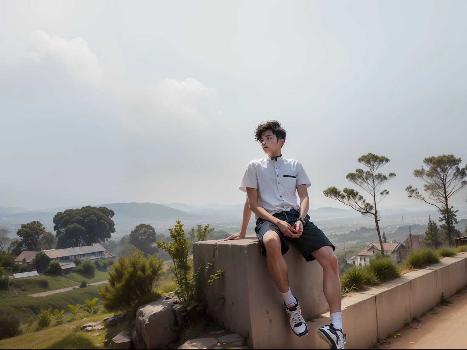 This boy setting in a hill,change background, smart look