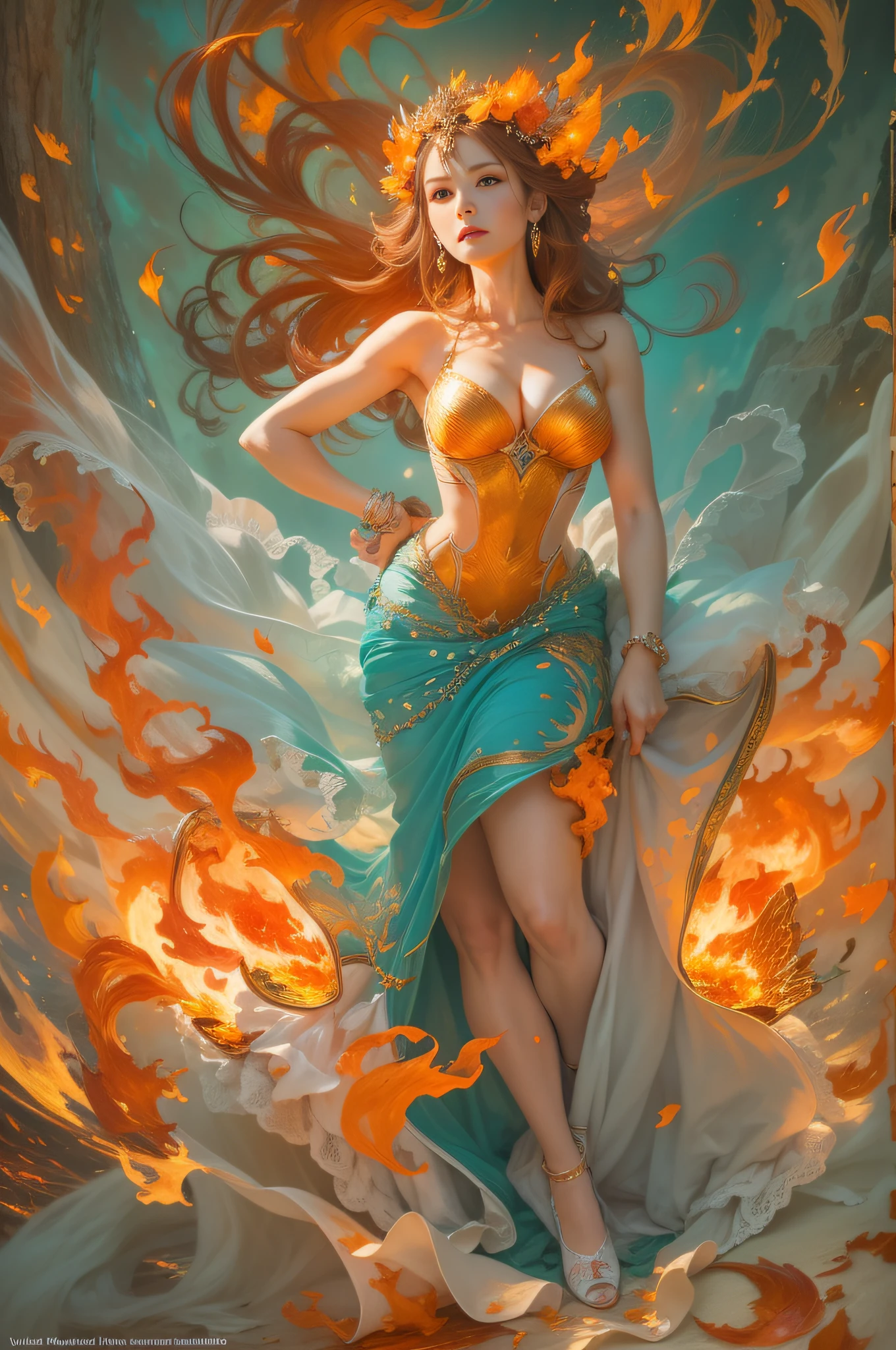 3D, Summer goddess, stunning, surrounded by orange flames, very pale skin, blue eyes, beautiful, alluring, powerful, fire sparks. Style by Steve Hanks, Vladimir Volegov, Jacek Yerka.