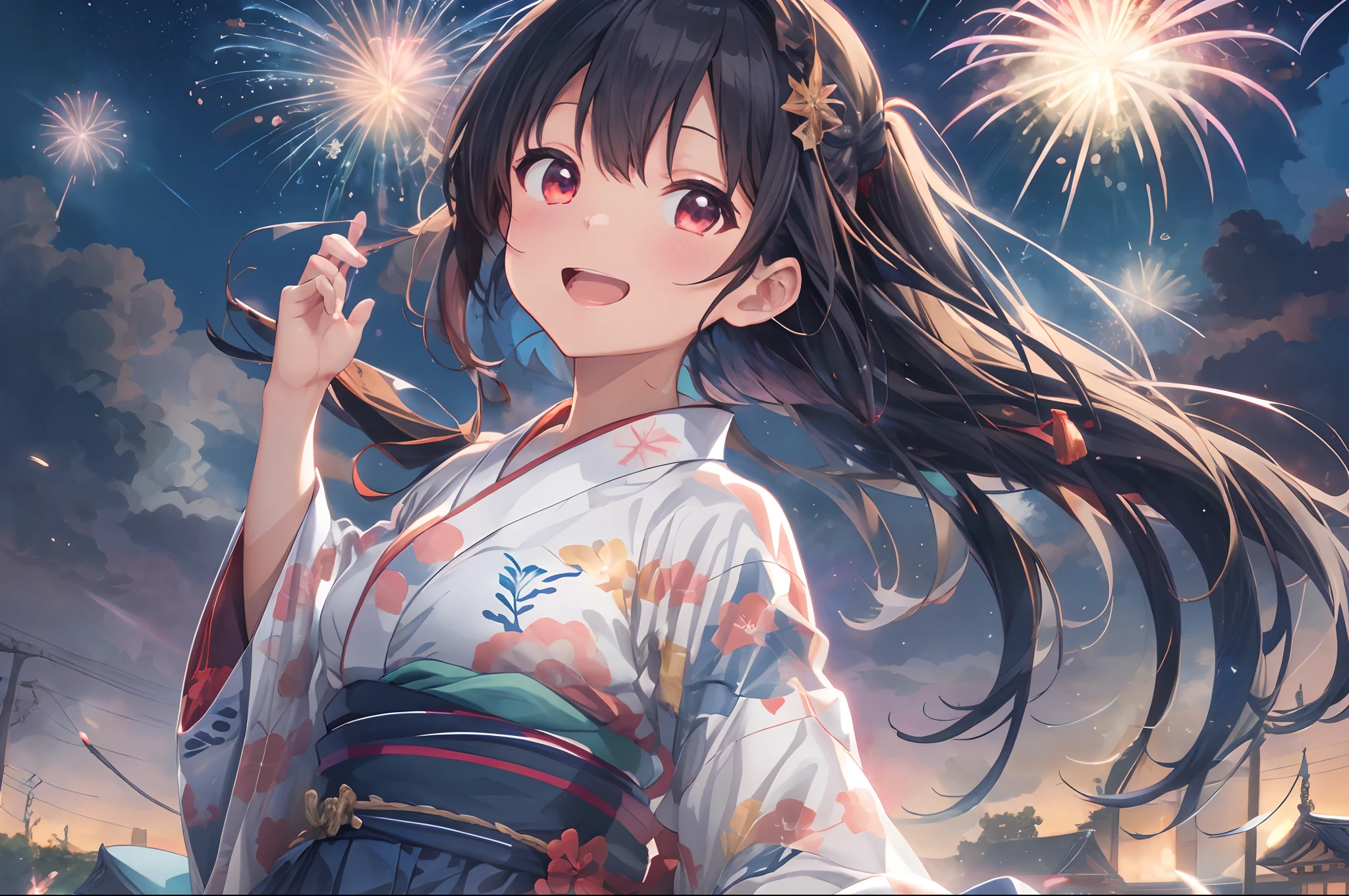 Beautiful Japan girl yukata、(Fireworks in the vast night sky),(top-quality、8K、32K、masterpiece、nffsw:1.3)、(Photorealsitic:1.4)、Raw photography、lite smile、hair adornments,Active Pose、skyrocket、Fireworks glare、depth of fields、lensflare、accurate hands,wakame.wakame,wakame,wakame,wakame,wakame.wakame,wakame,wakame,wakame,wakame.wakame,wakame,wakame,wakame,
