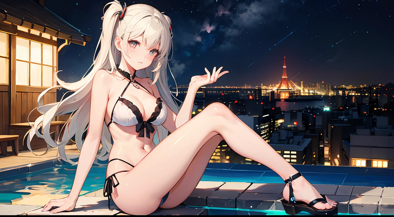 ((Best Quality)), (Ultra-detailed), ((Extremely detailed)), (Beautiful), ((Kawaii Girl)),(two side up hair).,Platinum Blonde Hair,Long hair, hair between eye, Wavy Hair, Long sideburns,Jade-colored eyes, White skin,Normal Chest,Slender body,Cross Halter Bikini,Sandals,Sitting,background a pool, Night, Night view of New Tokyo City, Starry sky, Neon light,,Look Camera