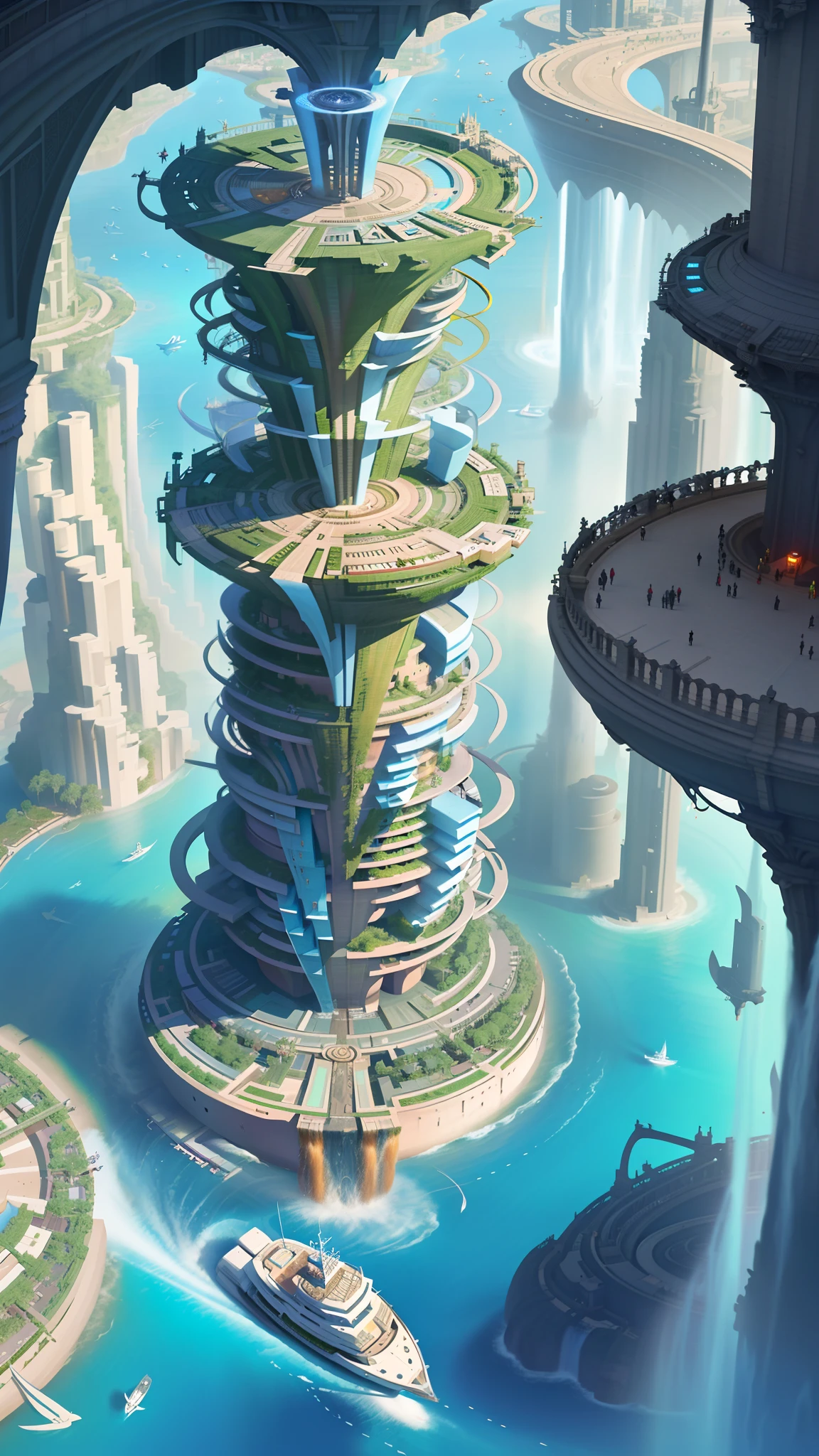 Aerial view, Stacked buildings on huge towers and rings,There are many arches and bridges and flowering terraces, colorful vegetation, Sci-fi futuristic architecture, Waterfalls, Many boats and boats, A matte painting by James Gurney, Trends on CGSOC...