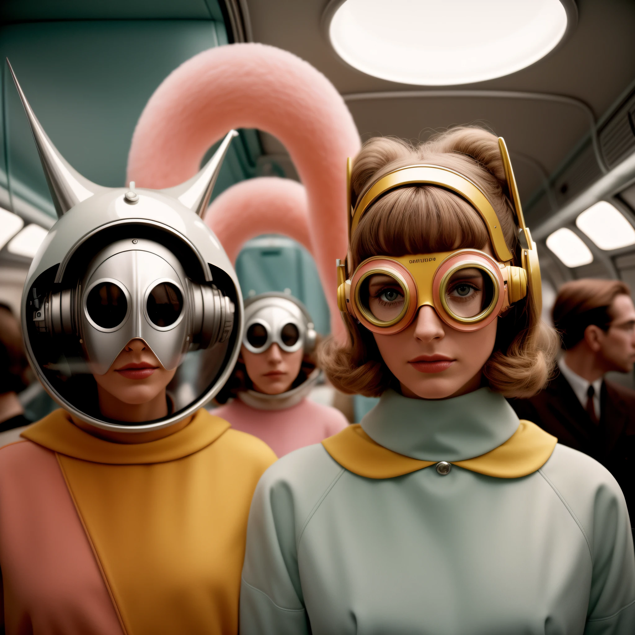 4k portrait of 1960s science fiction by Wes Anderson, Vogue anos 1960, pastels colors, Man with a fish mask wearing weird retro futuristic outfits and a woman wearing glass helmet and techno ornaments on the bus, Luz Natural, Psicodelia, futurista estranho, fotorrealista, hiper detalhado, foco nítido, Intrinsic, mid closeup, rosto e olhos perfeitos, grain of film, cinemactic, Bokeh lento | | | |, Epic composition, natural lightting, fotografia, Hiper realista, double-exposure, desfocado, desfoque de movimento, Absurdo, alto, alta qualidade, melhor qualidade, obra-prima, intrincado,