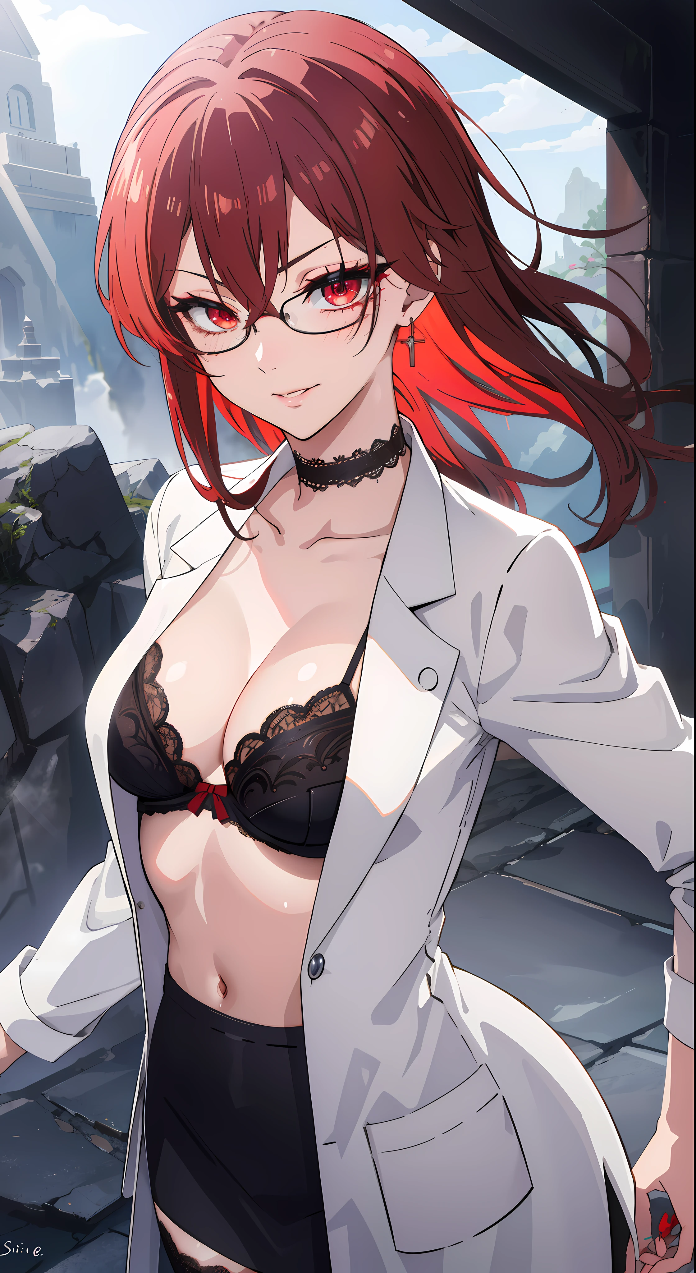 professional artwork, Intricate Details,(masterpiece, best quality), sharp focus, detailed painting, photorealistic lighting, trending on pixiv, red glowing eyes, smirk, blushing, dark, gloomy, dramatic lighting, fog, mist, god rays, fantasy landscape, day, sunny sky, castle, walking, girl, sexy, close up, red blood hair color, mature female,Beautiful Finger,Beautiful long legs,Beautiful body,Beautiful Nose,Beautiful character design, perfect eyes, perfect face, extremely detailed CG unreal engine 8k wallpaper, perfect lighting,Colorful, Bright_Front_face_Lighting, ultra high res,4K,ultra-detailed, photography, 8K, HDR, highres, (small boobs), rich detailed lips, rich detailed lipstick, beautiful detail eyes, (upper body, half body shot), choker, glasses,
labcoat, open shirt, pencil skirt, thighhighs, garter straps, lace trim, lace-trimmed bra, high heels,
asaemon_sagiri, (solo:1.4)