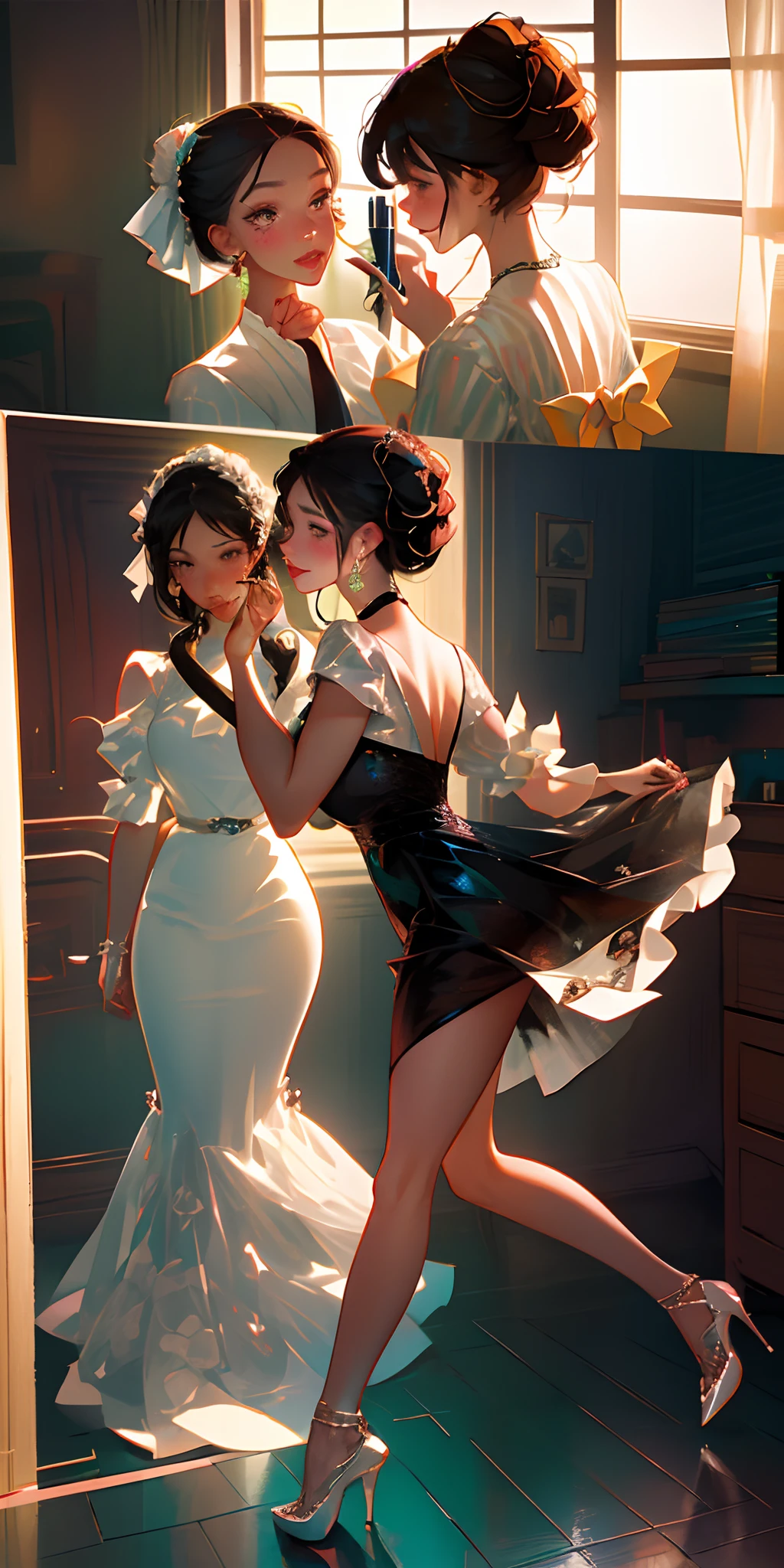 mulan, ((balck hair, glowing brown eyes, eyeshadow, lipstick, makeup, narrow waist, skinny, medium breasts, alone)), pelvic curtain, ((white and pink dress,wedding dress, Scooped up the ass, gloves)), full body, perfect body, (insanely detailed, beautiful detailed face, masterpiece, best quality) , (((solo))), (((1girl))), (((mature))), (extremely detailed 8k paper CG wall unit: 1.1), (wedding, garden, dusk), (smile face for the viewer), big ass, from back, behind