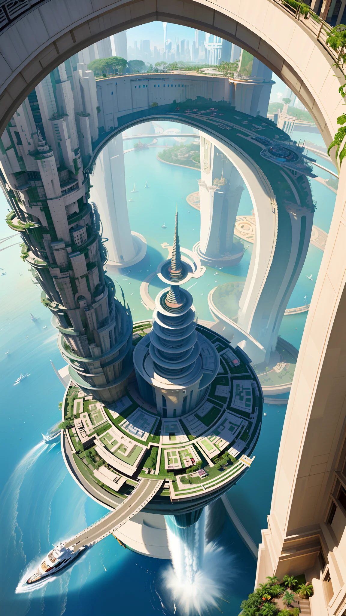 a girl rides a bicycle, in running shorts, a digital painting of a tree in the middle of a city, inspired by Zaha Hadid, futurism, elegant walkways between towers, futuristic valley, two organic looking towers, calatrava