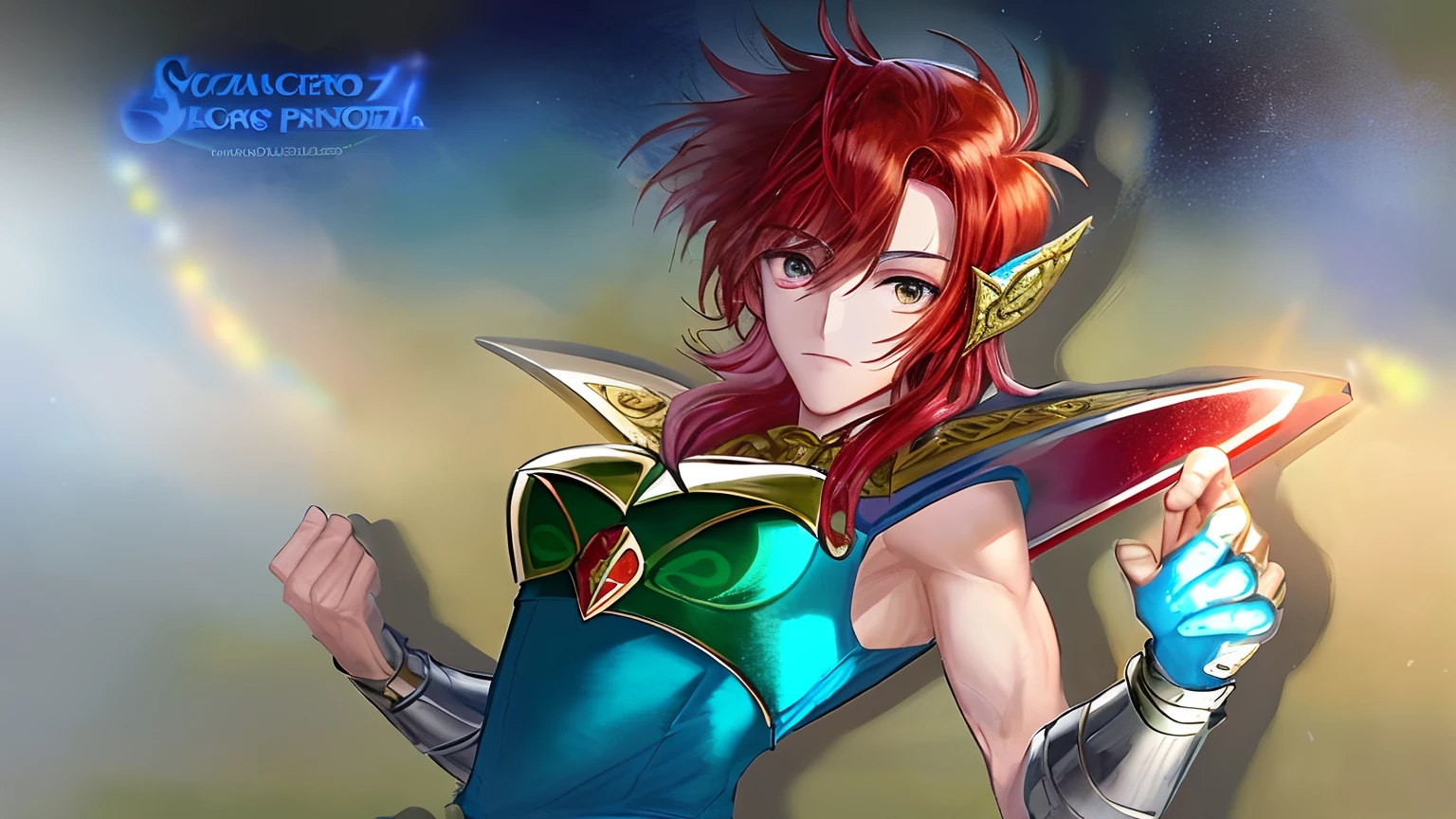 Close-up of a costumed man holding a sword, Knight of Zodiac Boy, Portrait Knight of Zodiac Boy, Boy with short red hair, Brown eyes, Boy with white dress, Shining cyan armor, Muscular men, Galactic Prince, Anime style, Hymns to the King as a Prince, Magical Boy Anime Mahou Shōnen, anime in fantasy style