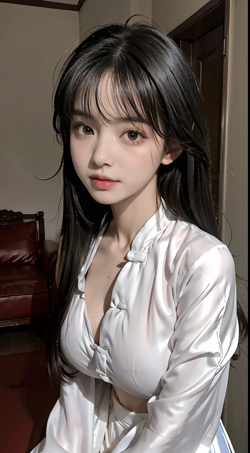 Master quality, highest quality, best picture quality, exaggerated details, a cute 8 year old asian with a shy expression,a close up , perfect android girl slightly squinted eyes, adjusting her hair, long eyelashes (long hair / very, very exaggerated big breasts and tight, round breasts , posing in front of the camera, big breasts , sweaty wet breast hanfu open v chest clothes thin silk fabric, big chest