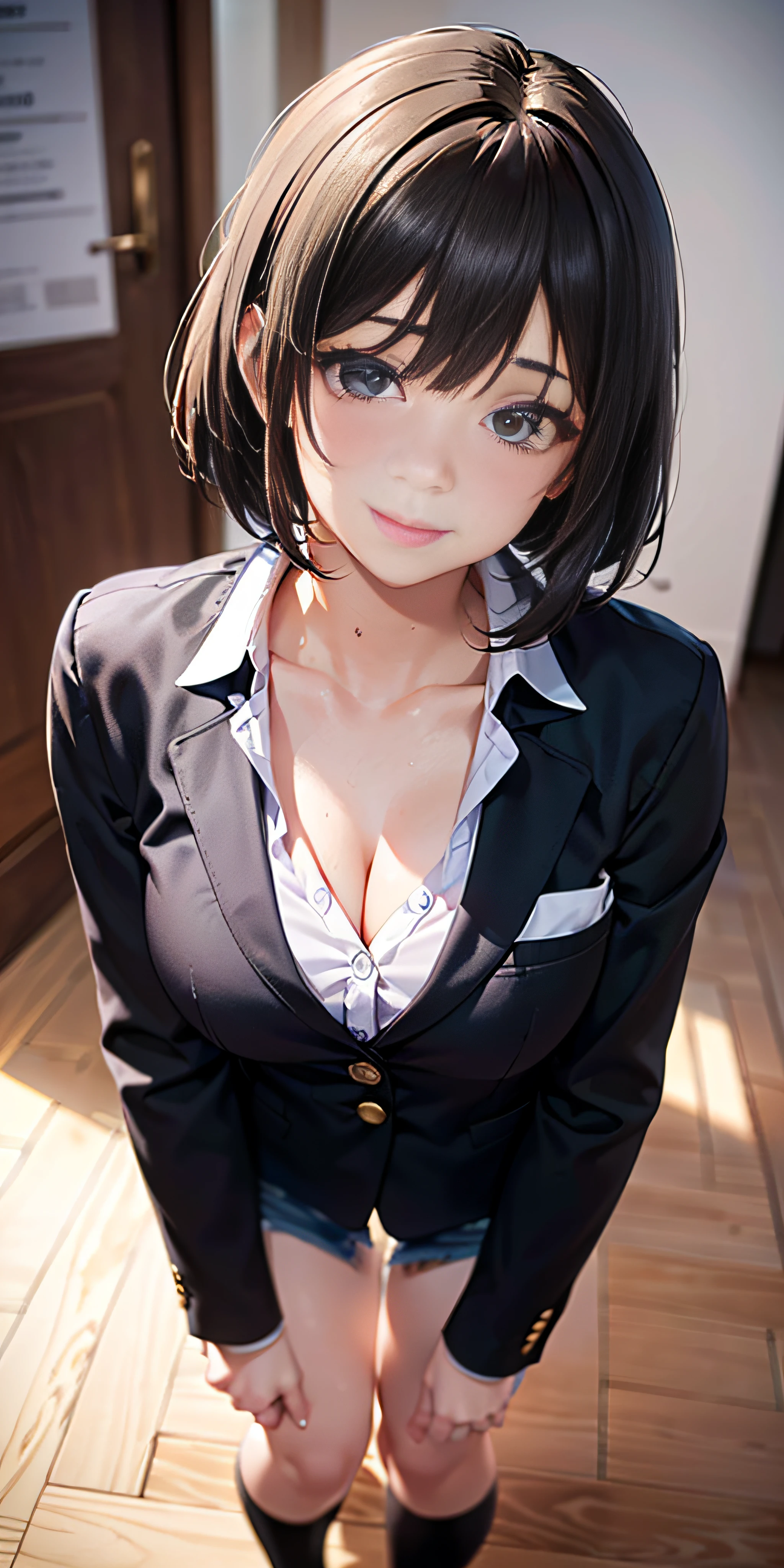 anime, estilo anime de mujer realista, (aegyo sal: 1), 18 years old girl, (blazer gris, cinta, minifalda plegada, calcetines, uniforme de escuela privada: 1.2), aula de secundaria, hermoso detalle en los ojos, (eye size: 3/4) luz en la cara, ((foto de cuerpo completo: 1.2)), luz especialmente fuerte, (ojos superiores, sonrisa sonriente: 1.2), piel brillante, (((cabello negro, cabello bob: 1.2))), (muslos gruesos), ulzzang-6500-v1.1: 0.2, bashful, (flash: 1.2), NSFW , (hinchado), ((postura seductora: 1.2, atractivo: 1.2)), (inactivo), (sentado en un escritorio en el aula: 1.2)), ((good anatomy: 1.2)), ((aula brillante y refrescante, fondo borroso: 1.2)), cara perfecta, cara linda y simetrica, (High Angle Shot: 1.2)s., Natural side lighting, ((8k, fotos RAW, calidad superior, obras maestras), High Definition RAW color photos professional close-up photos, (realista, fotorrealismo: 1.37), (highest quality), (mejores sombras), (mejores ilustraciones), Clavicles ((grandes)), ((erotic, sexy, ultra-high-resolution, 8K HD Unified CG Wallpapers, Physical representation, movie lighting), Canon EOS R50 camera 50mm lens