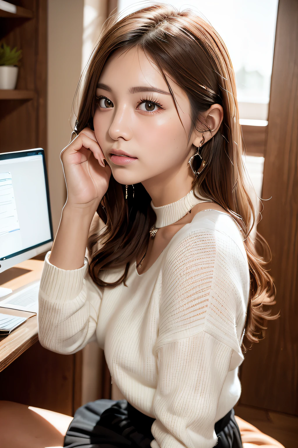 extremely detailed CG unity 8k wallpaper, best quality, ultra-detailed, masterpiece, realistic, photo realistic, extremely detailed cute girl, 25years old, (secretary), large breasts , blush, parted lips, , pencil skirt , office, desk , half body shot ,