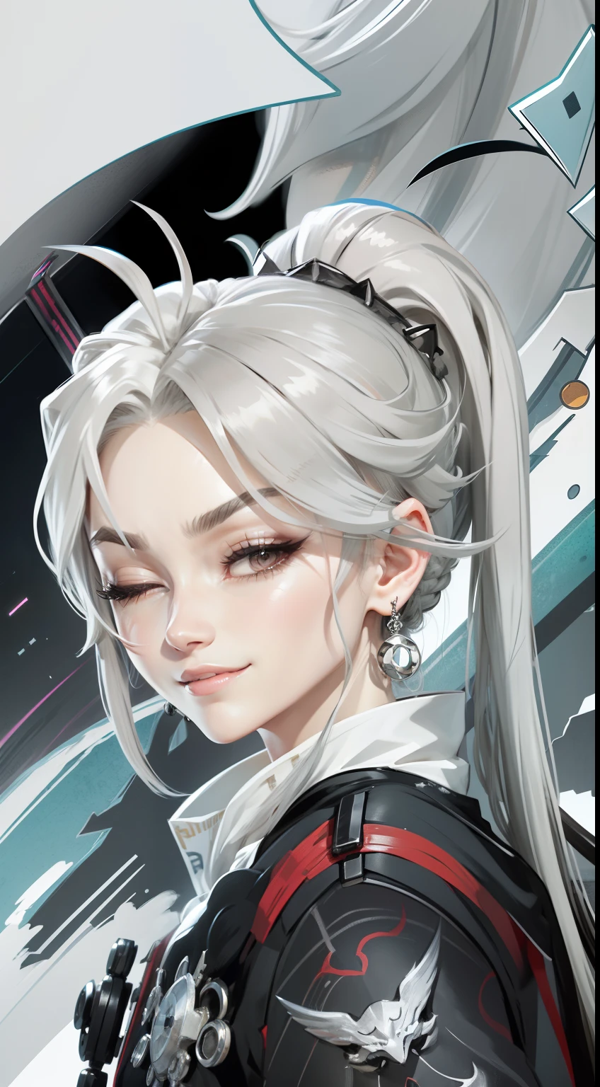 black hair, silver hair, very long hair, low ponytail, ponytail, kanzashi, covered eyes, eyes closed, raised eyebrows, crazy eyes, crescent earrings, upper teeth, evil smile, forehead-to-forehead, facing another, Surrealism, anime style, move chart, 8k, super detail, high details, super detail