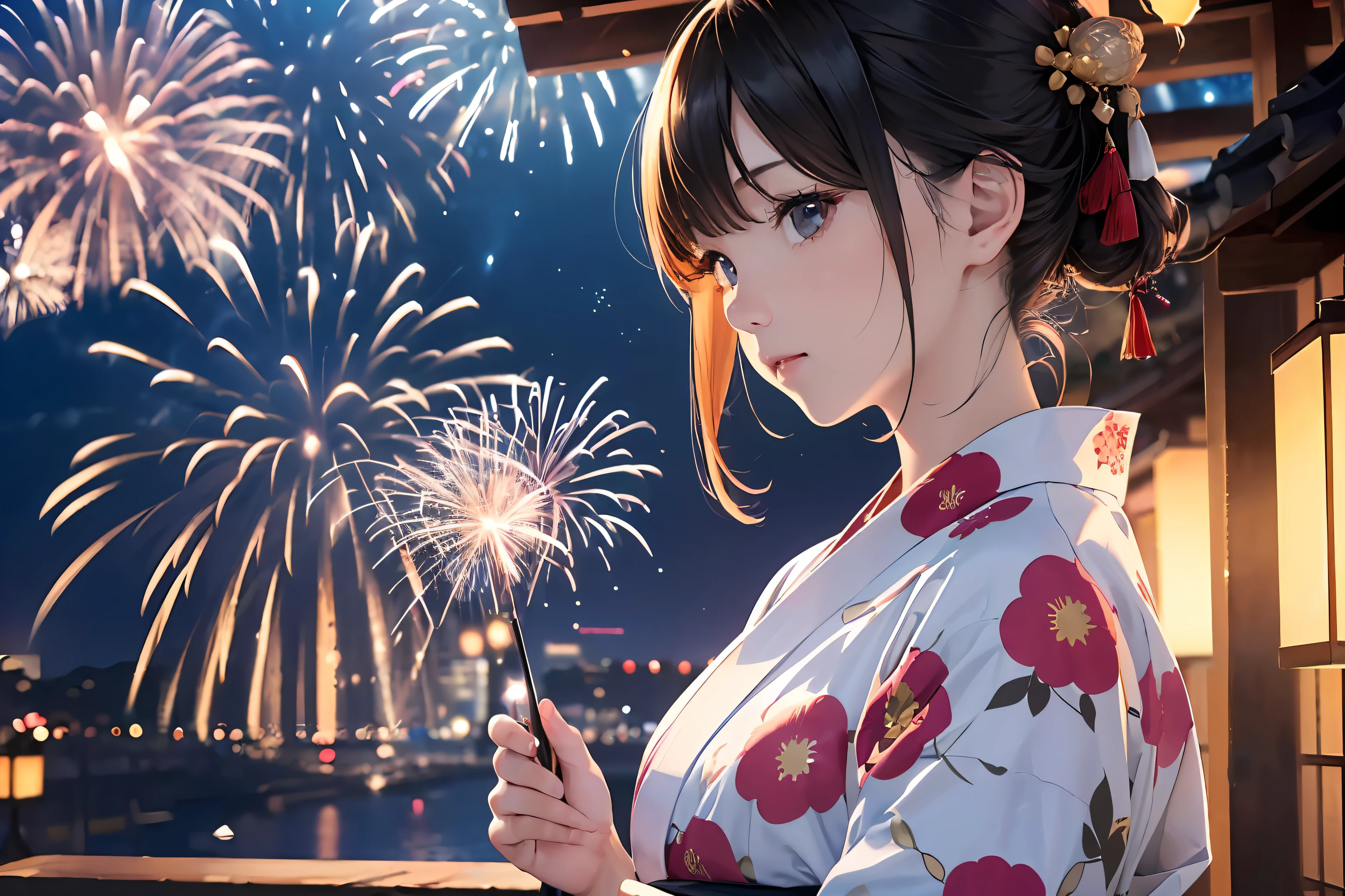 Beautiful Japan Girls、Japanese Yukata、(Vast night sky background),(top-quality、8K、32K、masterpiece、nffsw:1.3)、(Photorealsitic:1.4)、Raw photography、、hair adornments,Character:0.7,Elegant Pose、skyrocket、Fireworks glare、depth of fields、lensflare、