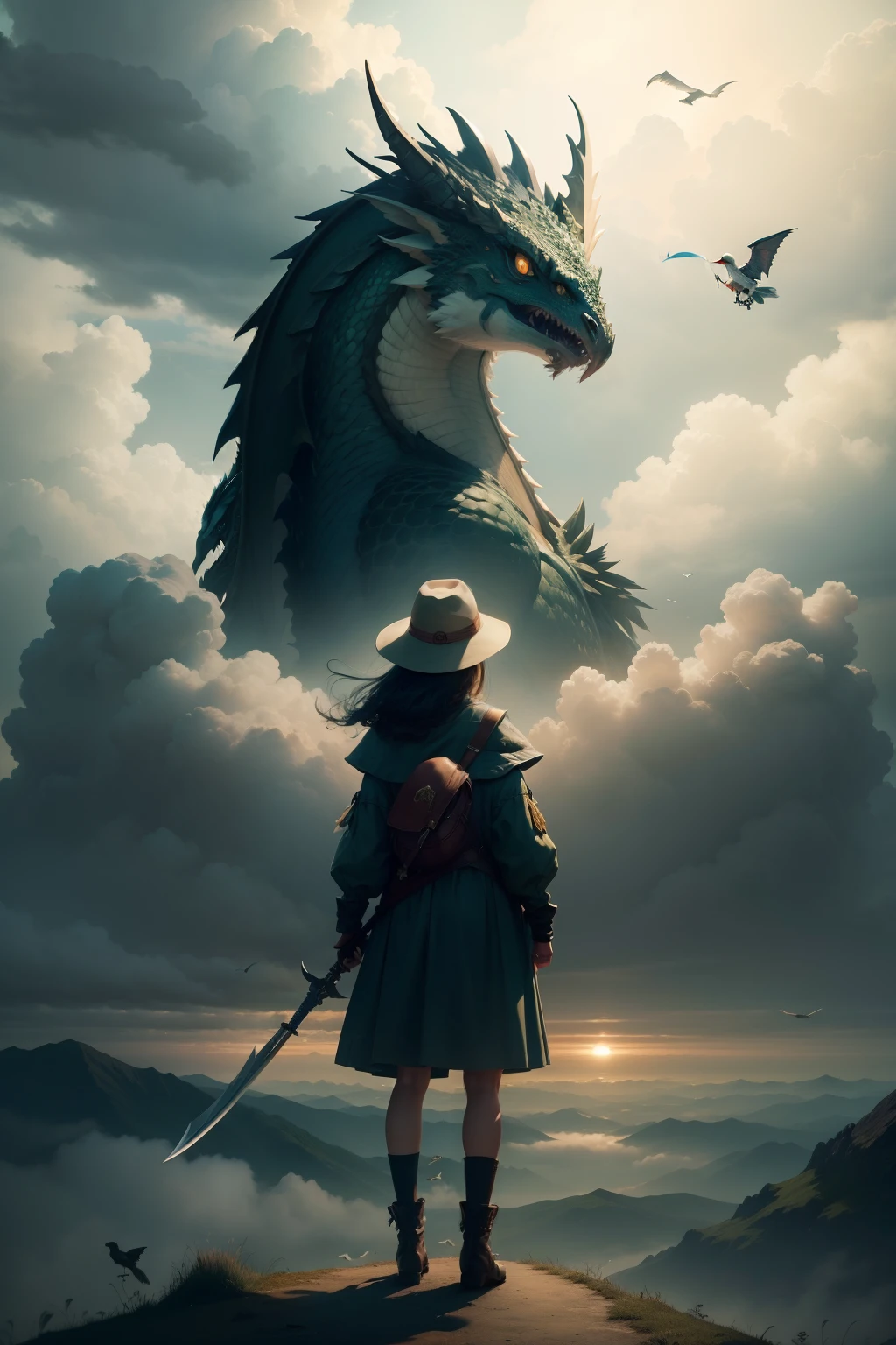girl, letterboxed, holding, outdoors, bird, standing, cloud, 1boy, weapon, from behind, sky, cloudy sky, animal, holding weapon, eastern dragon, monster, 1other, hat, fog,
