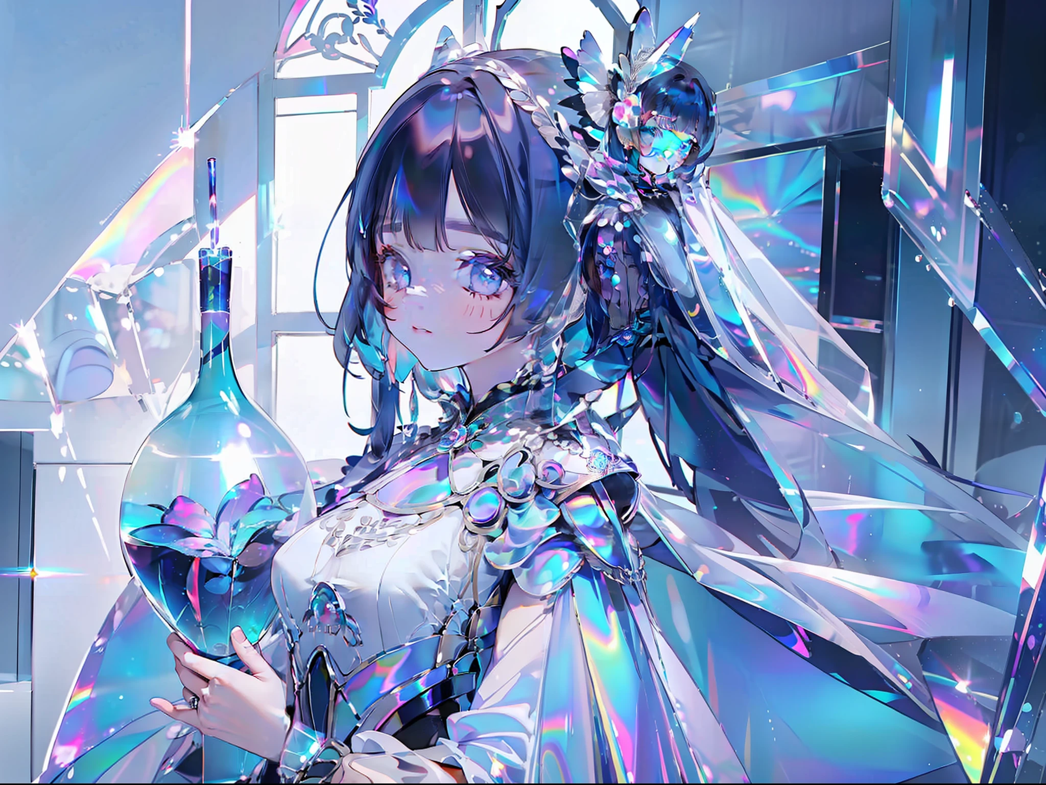 1girl, holding a vase of metallic material with colorful texture, the vase is holding mystical and magical flowers that glow in an elusive teal aura, (masterpiece:1.2, best quality), the girl is holographic clothing,(((holographic cape))), tight fantasy armor with silver metal detailing with swirls and floral pattern, ((dark blue hair with rainbow gloss)) big mystical eyes that shine like jewels, big crystals all over the house, she is inside a mage's lair full of mysterious artifacts that shine with power, (intricate details, depth of field, intense focus), digital illustration, beautiful, holographic, holo details, holographic shiny suit, powerful aura, mystic, mythical, dramatic scene, movie