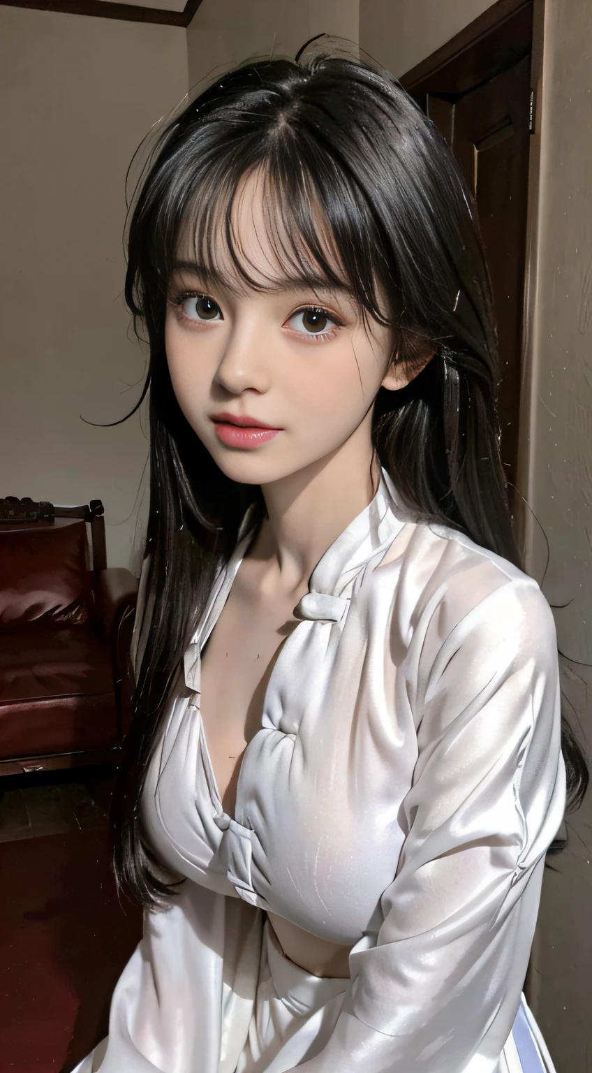 Master quality, highest quality, best picture quality, exaggerated details, a cute 8 asian little gth a shy expression,a close up , perfect android girl slightly squinted eyes, adjusting her hair, long eyelashes (long hair / very, very exaggerated big breasts and tight, round breasts , posing in front of the camera, big breasts , sweaty wet breast hanfu open v chest clothes thin silk fabric, big chest