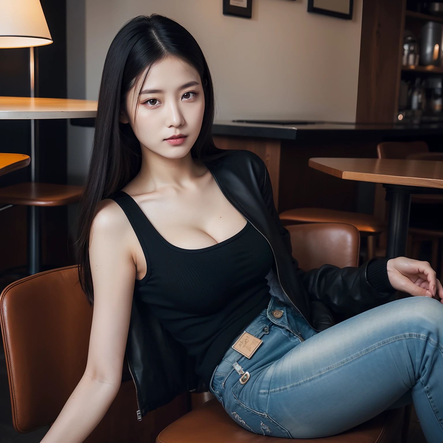 (Realistic, High resolution:1.2), 1 girl, super fine face and eyes, long hair, tight black tank top with black jacket, short jeans, sitting on coffee chair, in café, coffee on table, big breasts