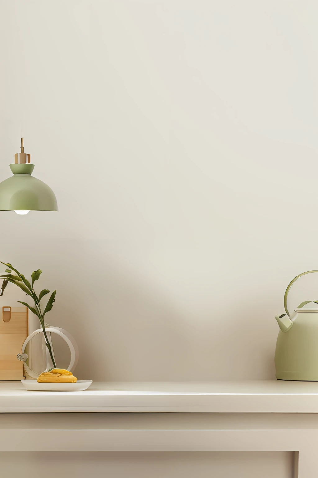 Two green kettles on the white table,There is a green light on it, cozy home background, muted colors with minimalism, Silent lighting, product introduction photos, pastel colour. Minimalist, indoor background, Kitchen background, soft green natural light,cozy cafe background, Fundo sala de estar, high quality product photo, Modern studio light pastel colors, Product rendering,