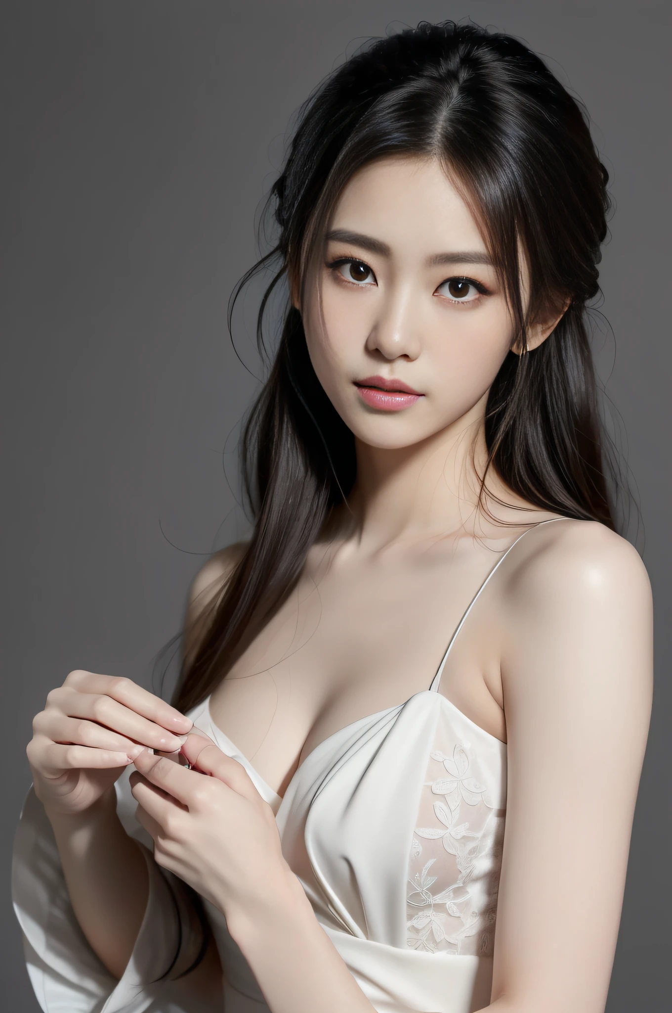 ((10: 1.27), top-quality, master-piece, ultra-high resolution: 1.2) Photos of cute Japanese women (attractive:1.1),dark gray background,White Wedding Dress ,Beauty style,good anatomy,Supermodel Style