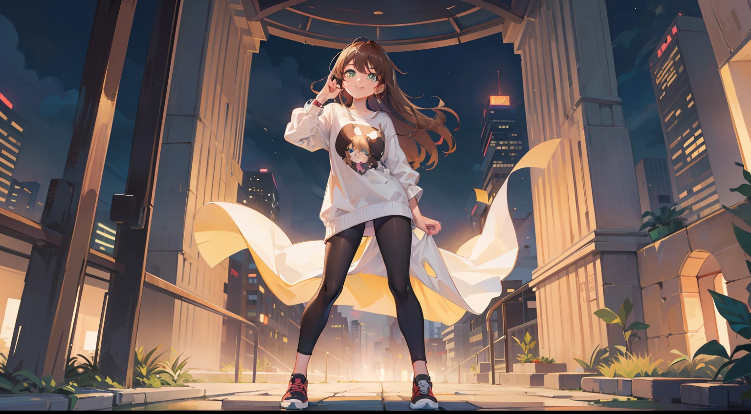 (masterpiece), best quality, ultra high res, sharp focus, ((1 woman, solo)), (warm pastel color), perfect feminine face, full body, long shot, (in the night time:1.2), on the vibrant city, in the crowds, beautiful detailed hair, chesnut brown hair, long hair, ((beautiful shape eyes, green eyes)), beautiful face, smiles, look at the viewer, hourglass body shape, casual comfy clothes, model pose