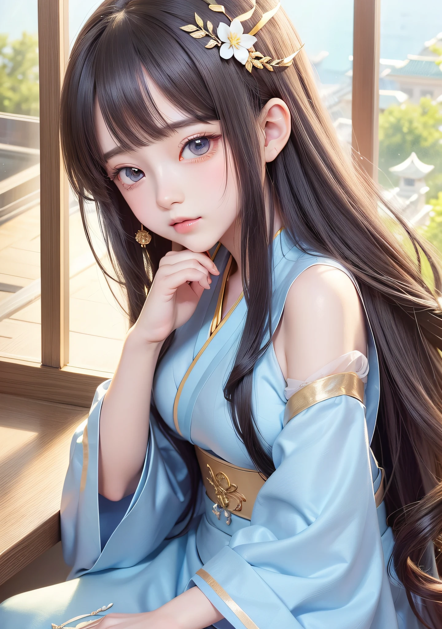 Close-up of a person sitting on a windowsill, Cute anime girl in beautiful clothes, Guviz, Beautiful anime girl, Guviz-style artwork, Beautiful anime style, Soft anime illustration, Anime princess, Palace,A girl in Hanfu, Beautiful anime woman, Beautiful anime, pretty anime girl, lovely languid princess。