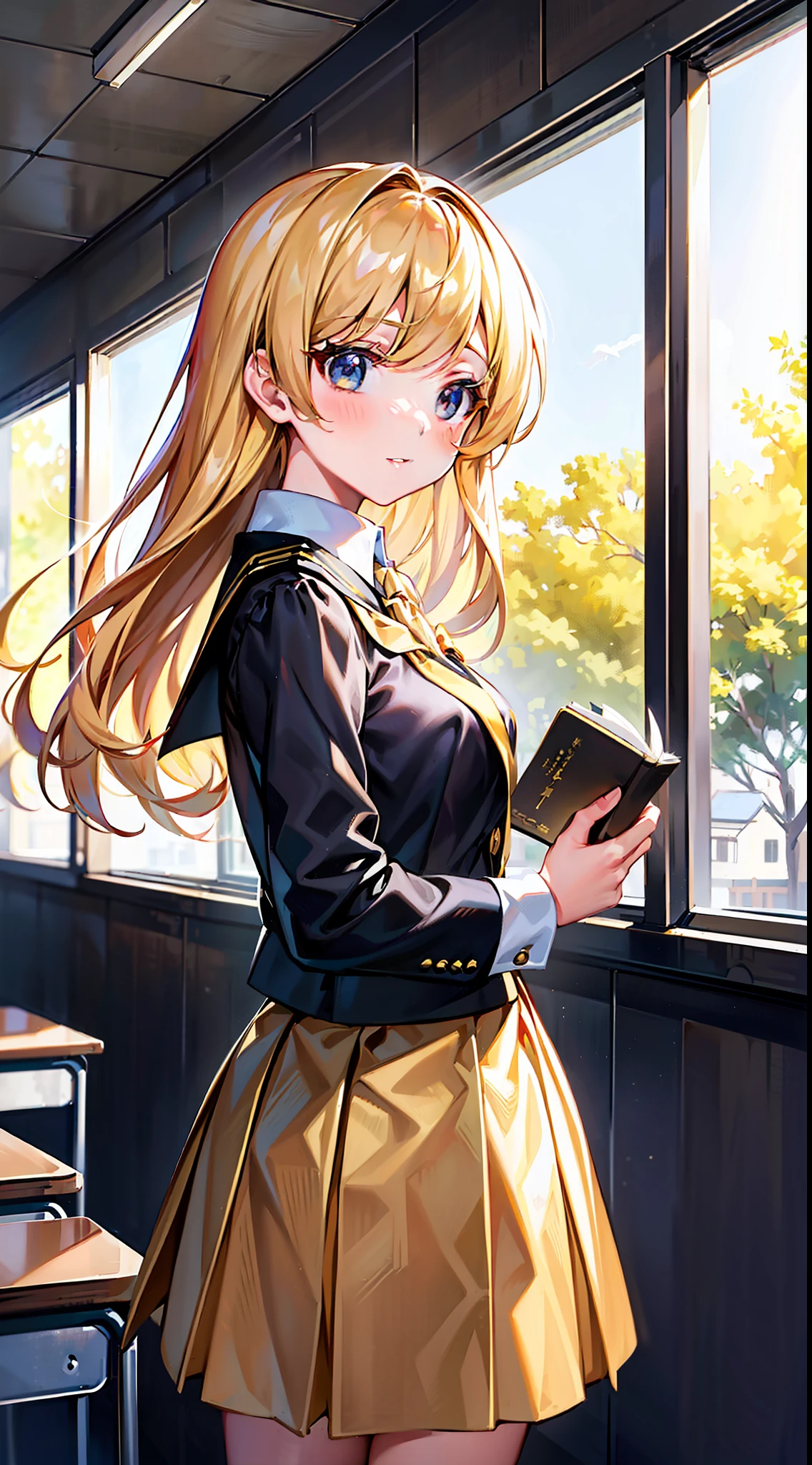 Youthful(((golden colored)))'s(long whitr hair)female student,with fair skin,There was a curious glint in his eyes。She wears a neat school uniform,The skirt swings gently。Holding a half-turned book in his hand,It seems to be thinking about what is in the book。She stood by the large window next to the classroom,Sunlight slanted down on her from the window,Outline a gold rim for her silhouette。Outside the window,Students on the playground are having fun playing,Large trees in the distance sway in the wind,A harmonious picture is formed with her。This is the moment,She seems to be a representative of youth,Full of hopes and dreams。