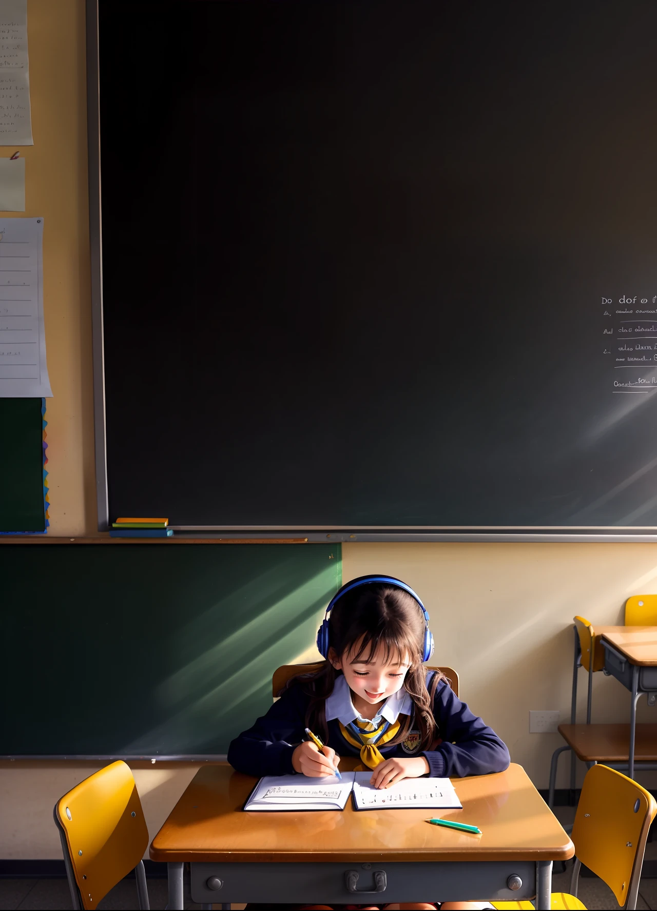 In the classroom,Only one girl is studying,She sat at her desk writing questions,Listen to the music,Very happy,Best quality at best,Do not have the color of yellow,Girls wearing school uniforms,The desk is brown,Her bag is yellow,Place on a chair