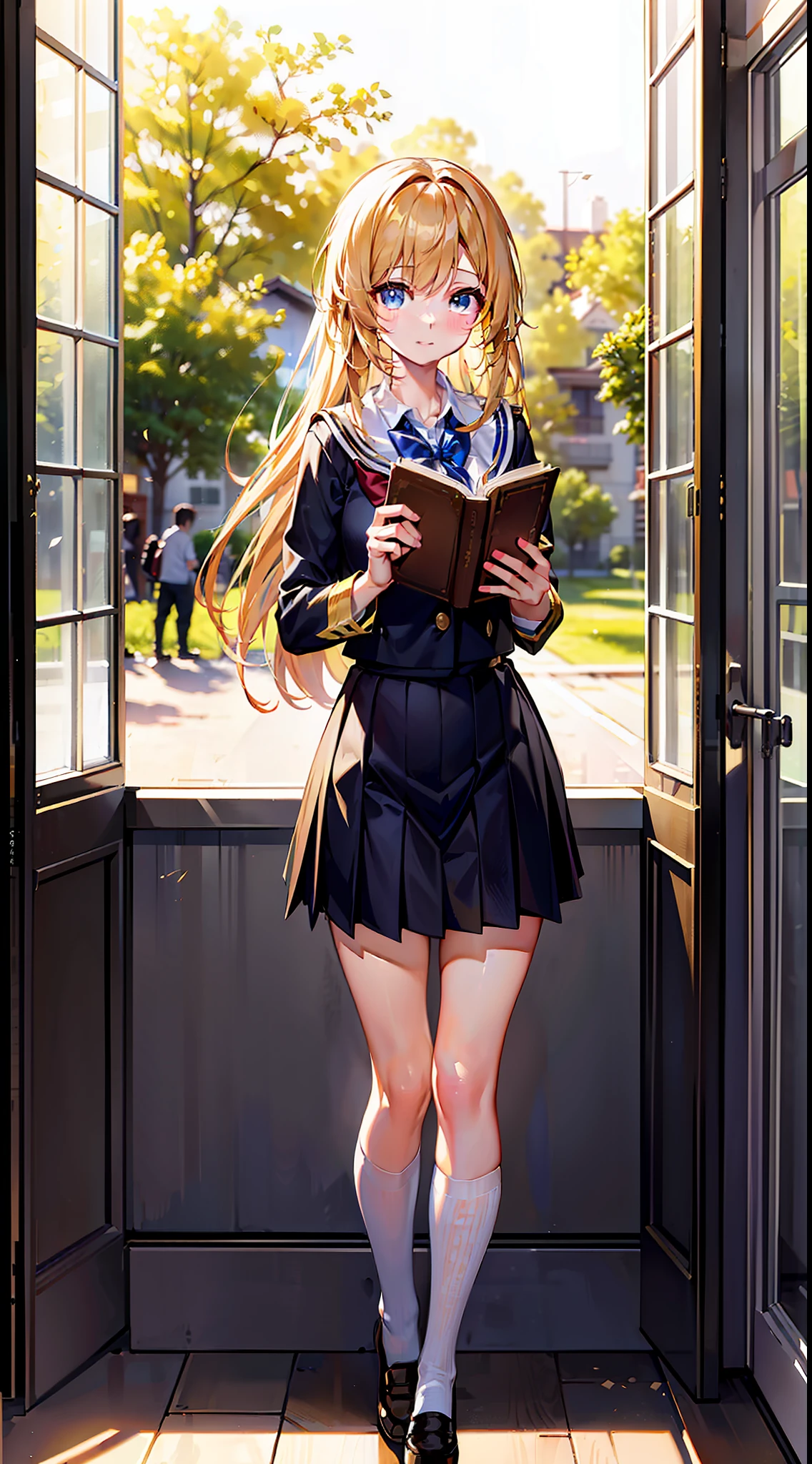 Youthful(((golden colored)))'s(long whitr hair)female student，with fair skin，There was a curious glint in his eyes。She wears a neat school uniform，The skirt swings gently。Holding a half-turned book in his hand，It seems to be thinking about what is in the book。She stood by the large window next to the classroom，Sunlight slanted down on her from the window，Outline a gold rim for her silhouette。Outside the window，Students on the playground are having fun playing，Large trees in the distance sway in the wind，A harmonious picture is formed with her。This is the moment，She seems to be a representative of youth，Full of hopes and dreams。