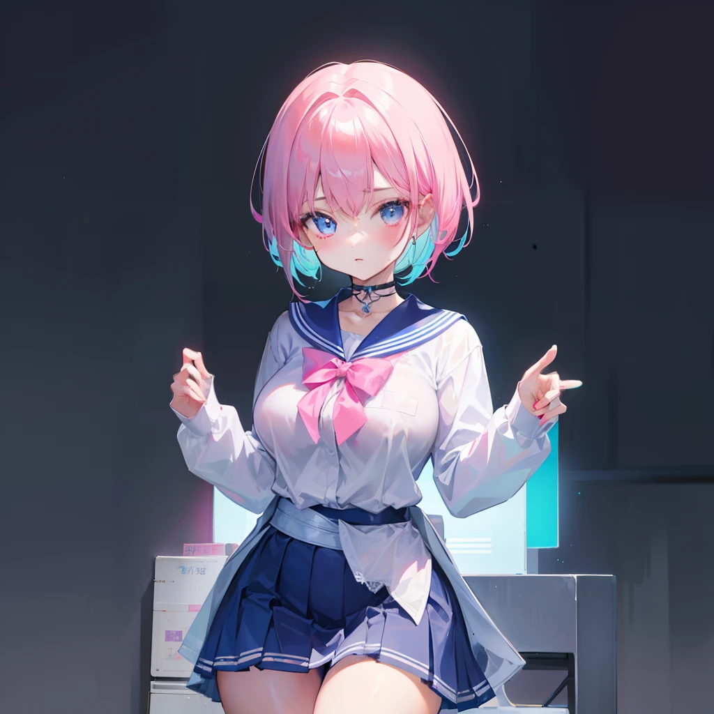 Short hair with a pink gradient blue glowing with fluorescence，Breast enlargement and thin waist are very sexy，Wearing a Korean high school uniform for female high school students and a pleated skirt, she is fluorescent，Clothes are not exposed，This is a cute, cute, lively and lively beautiful girl